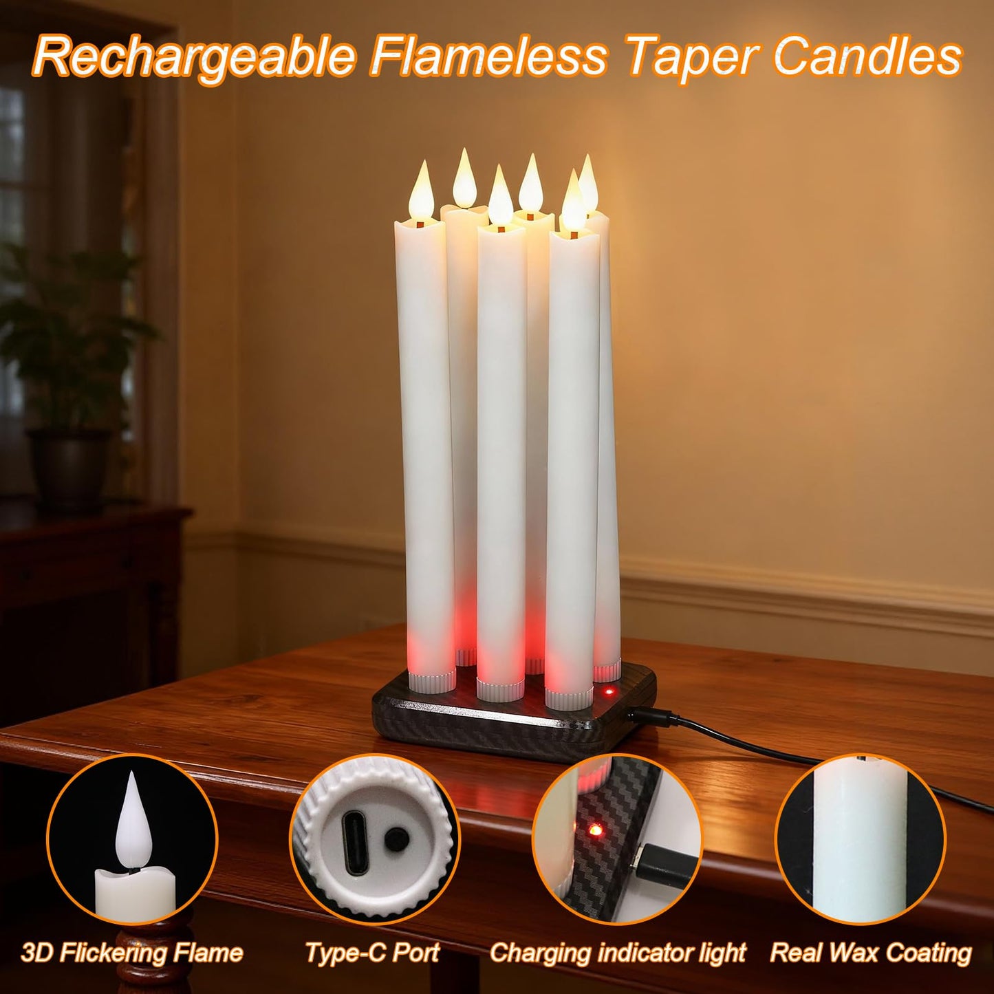 GenSwin Rechargeable Flameless Taper Candles with Charging Base, 6 Pack White LED Taper Candles Battery Operated with 2 Remote Timer, Real Wax Flameless Candlesticks for Holiday Christmas Home Decor