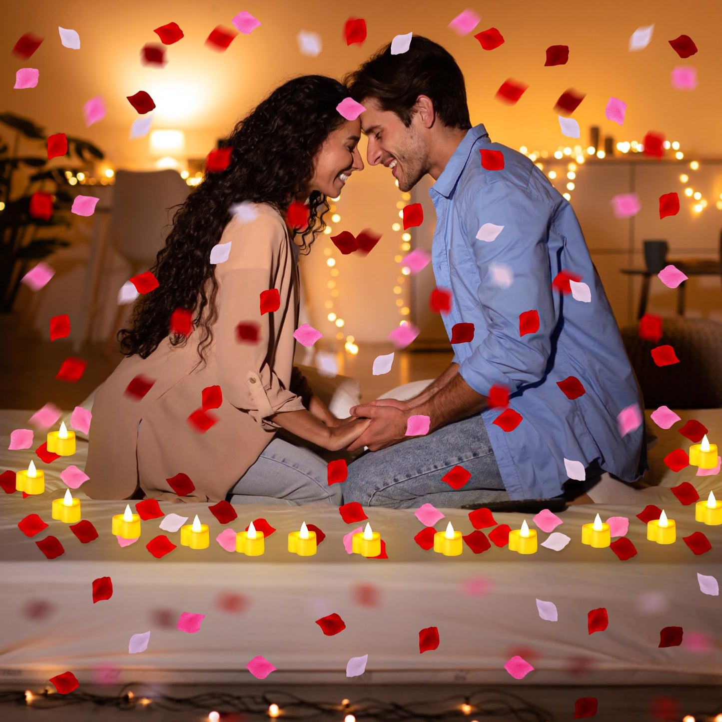 Honoson 1000 Pieces Artificial Rose Petals with 24 Pcs Flameless Heart Shaped LED Tealights Candles Special Romantic Night Decorations for Proposal Wedding Anniversary Table Decor(White with Yellow)
