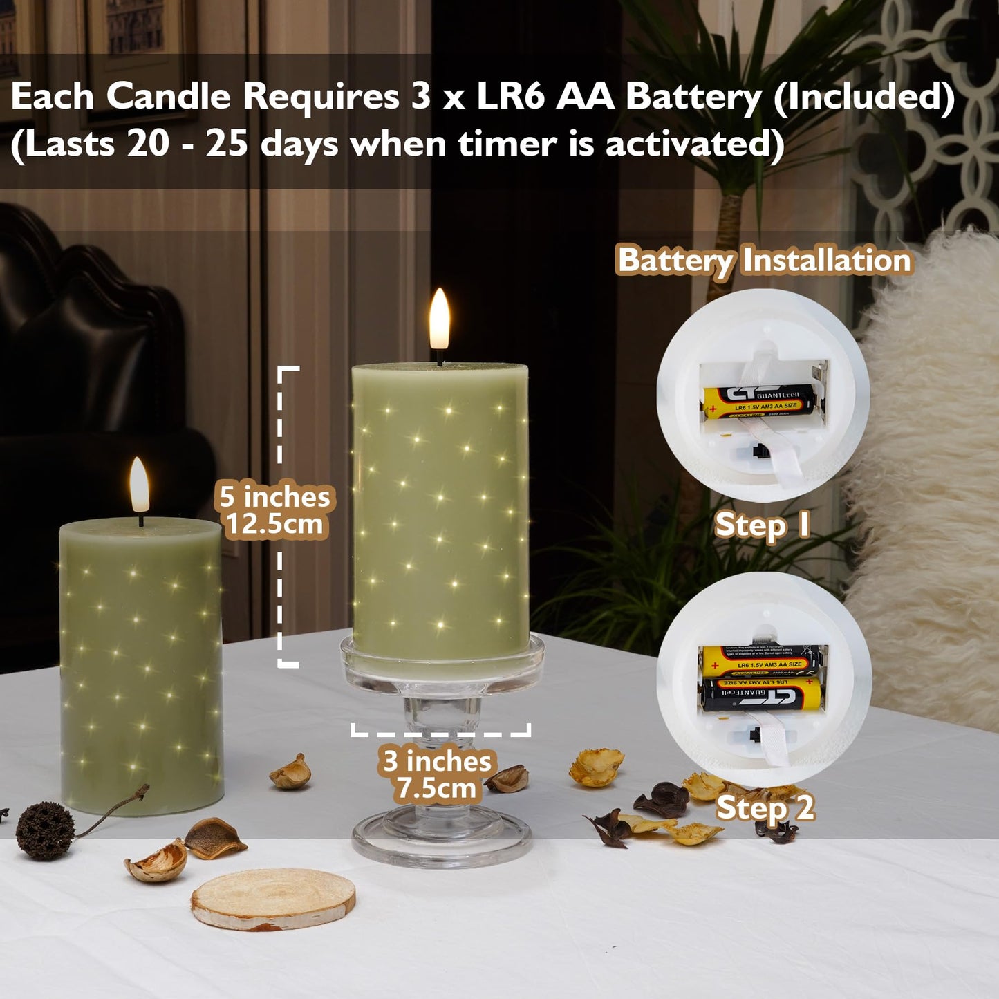 Rhytsing Sage Green Fiber Optic Real Wax Flameless Candles with Remote, Battery Operated Decorative Pillar Candles for Spring and Summer, Christmas Gift Set with Batteries, H 5 inches - Set of 2