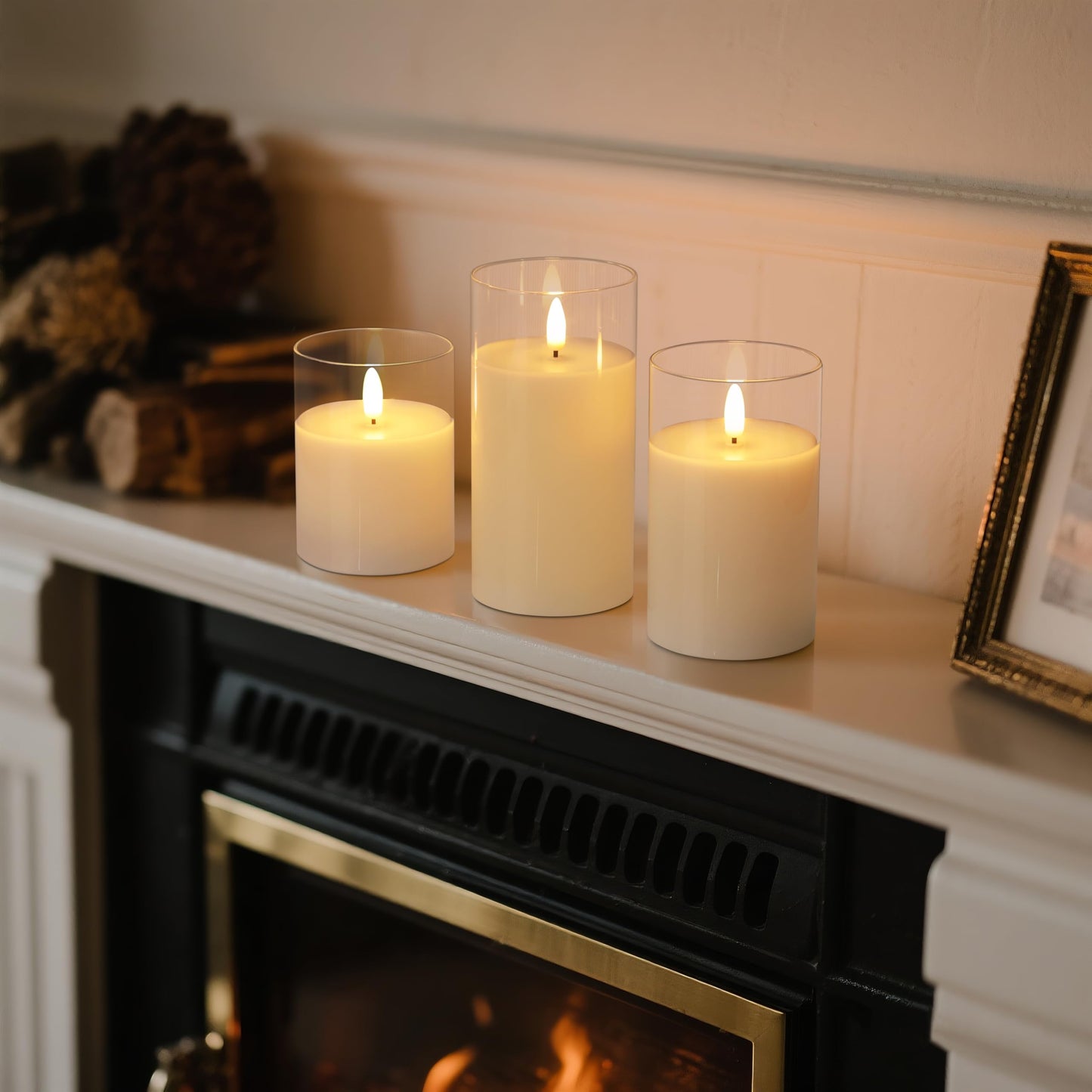 Mingfuxin Clear Glass Flickering Flameless Candles with Remote, White Wax Battery Operated LED Pillar Candle with Timer for Party Wedding Decoration, Set of 3