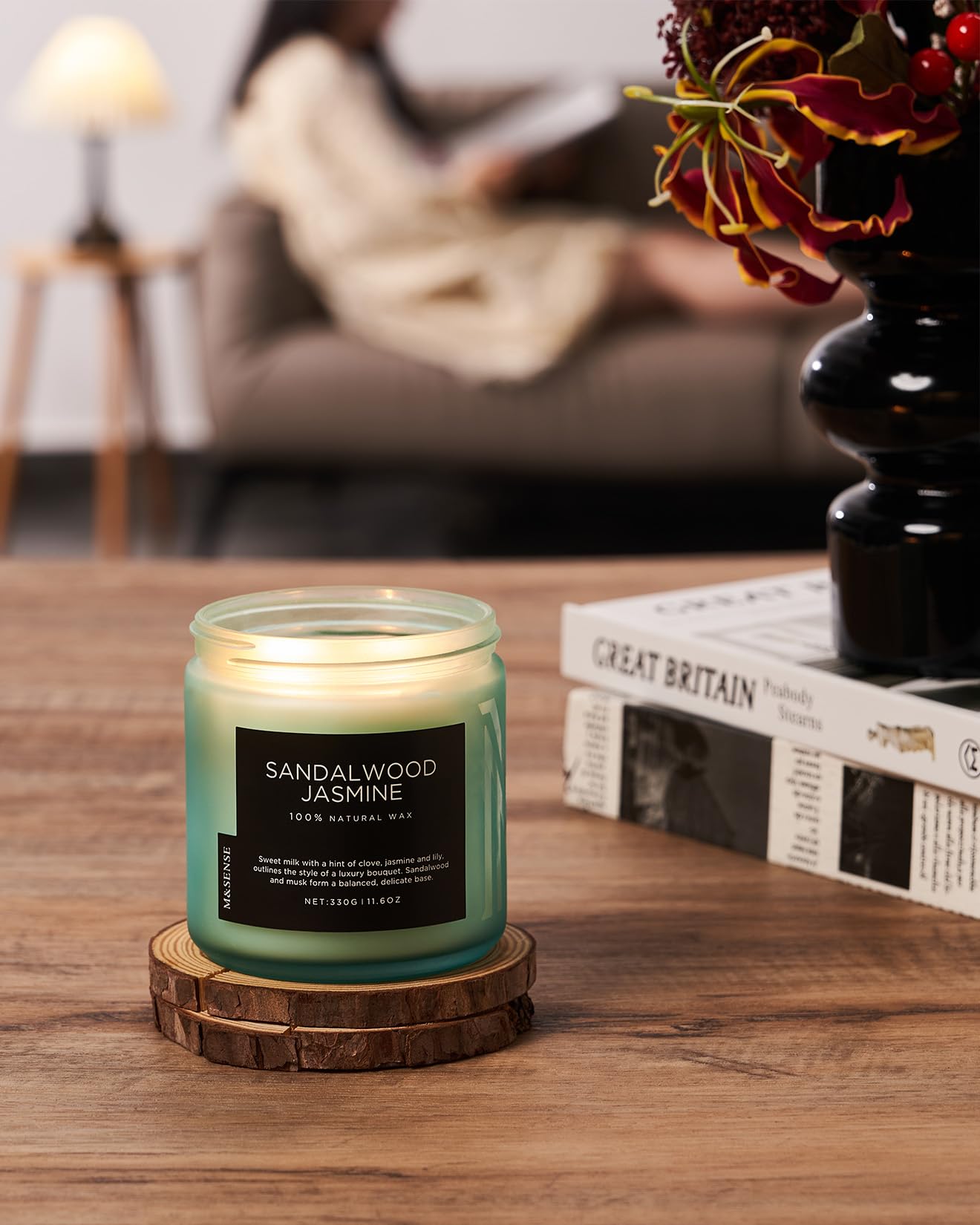 M&SENSE Sandalwood Jasmine Home Scented Candles, 11.6oz Organic Natural Soy Wax, 70 Hours Long Lasting Slow Burning, Non Toxic Clean Burn, Spring Floral Smelling for Meditation Relaxation