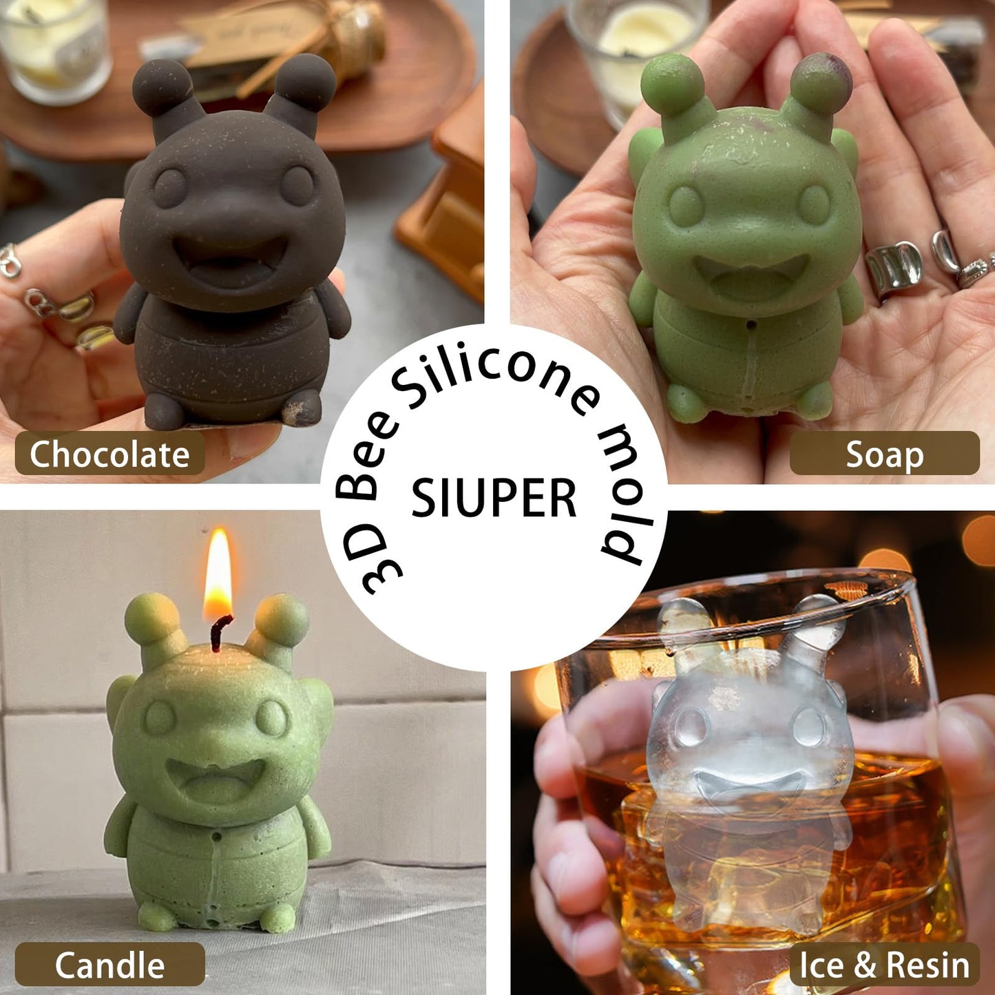 SIUPER 3D Bee Ice Cube Silicone Molds Tray for Whiskey, Cocktail, Drink, Bar; Rich Details. Fun Animal Mold for DIY Craft Taba Squishy Chocolate Soap Candle Resin Gift for Women Girls Boys; 2 Pack