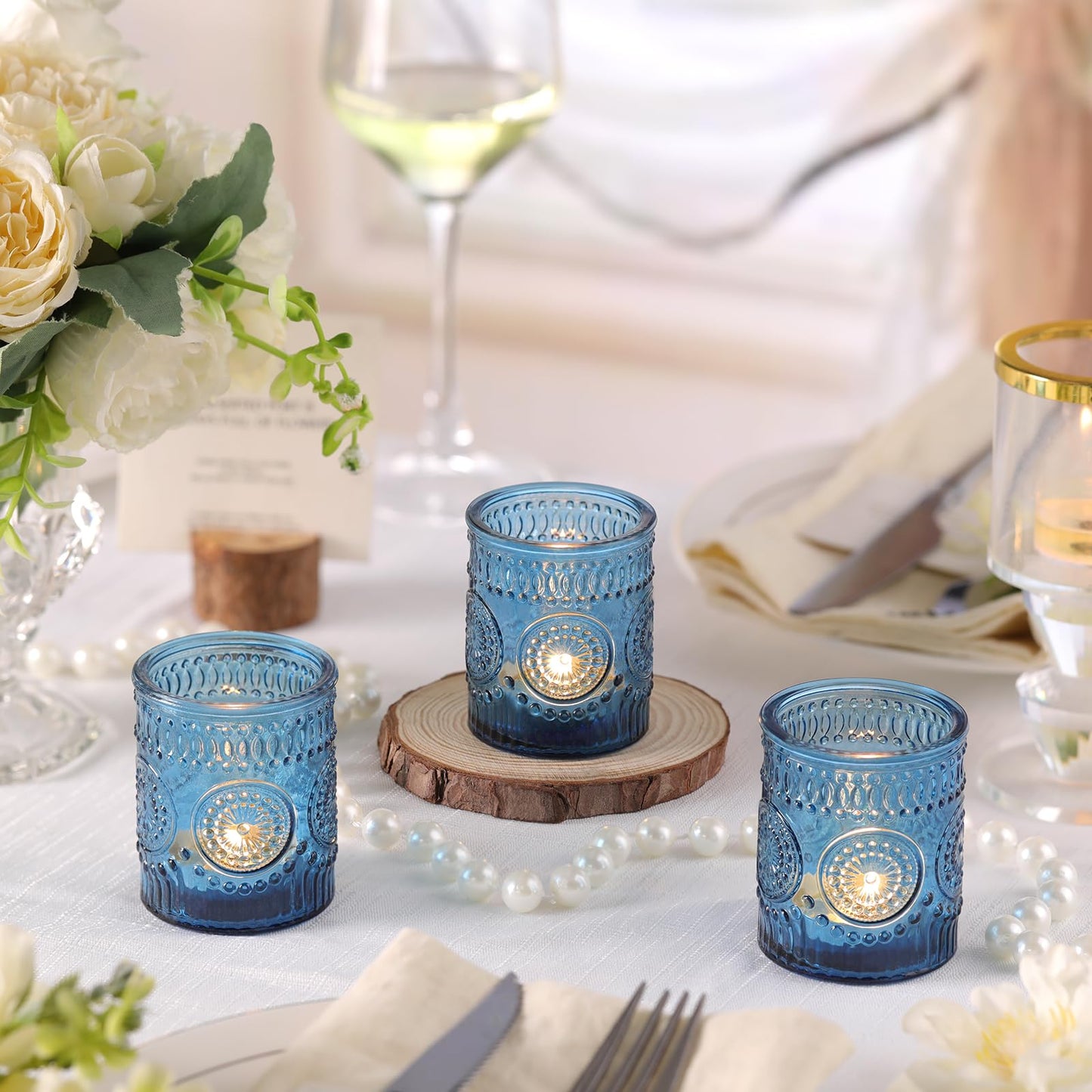 Lanttu Blue Votive Candle Holder Set of 12, Glass Tea Lights Candle Holders for Wedding Table Centerpieces, Birthday Parties, Home Decor and Holiday Decor
