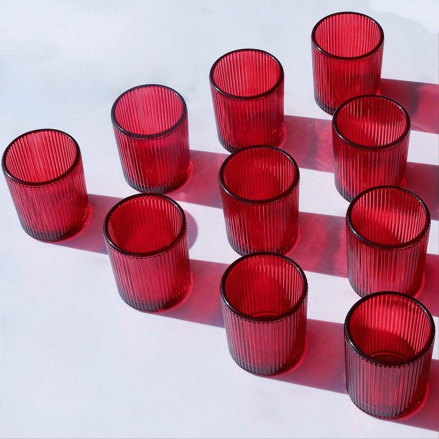 VOHO Red Candle Holders Set of 12, Ribbed Glass Votive Candle Holders Bulk for Holiday/Party Decorations, Tea Lights Candle Holder Wedding Centerpieces for Tables