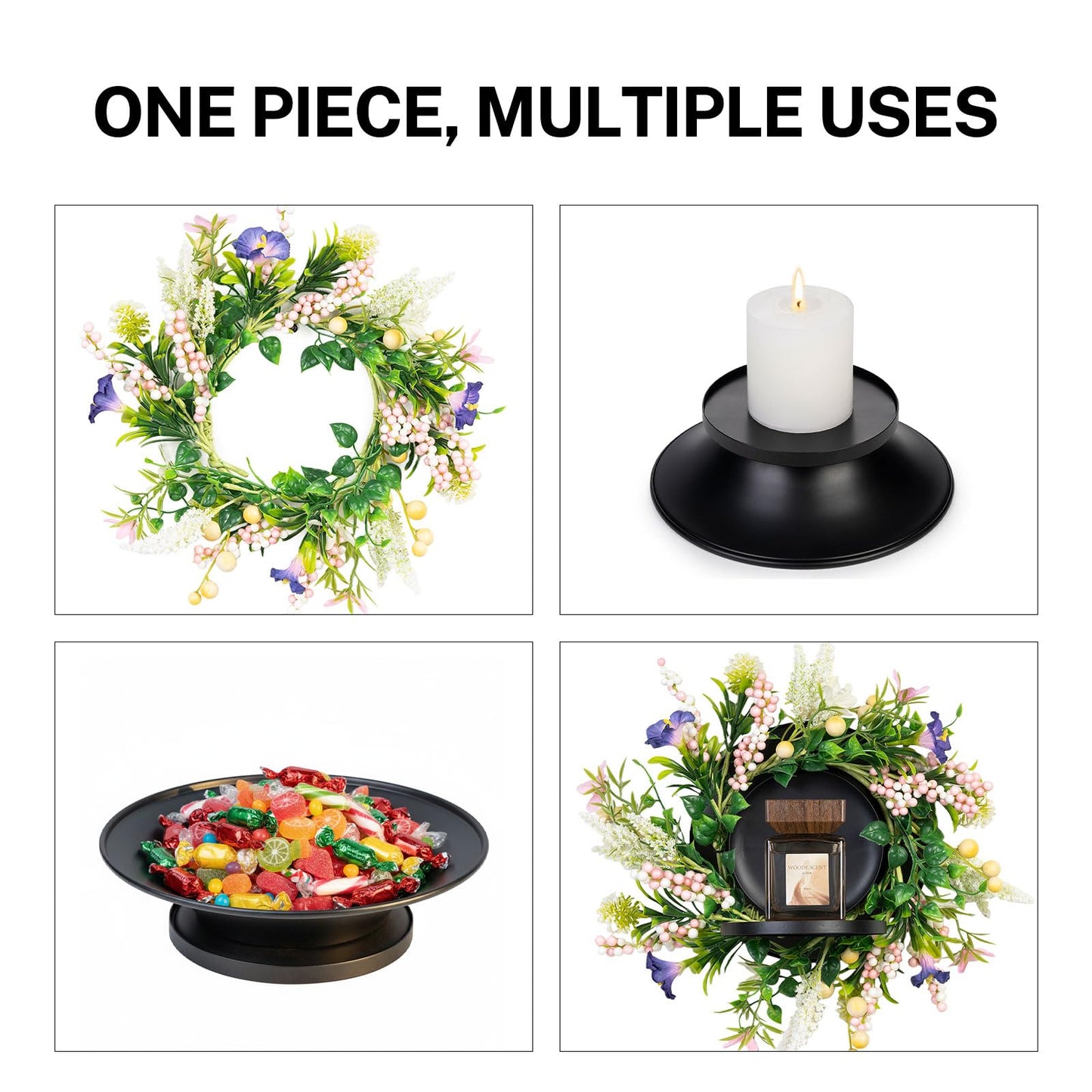 MOYEE Spring Candle Holder Centerpieces for Tables,Candle Ring, Black Metal Candlestick with an Artificial Wreath 14 in Versatile Dining Table Centrepiece (Purple Trumpet Flower Wreath)