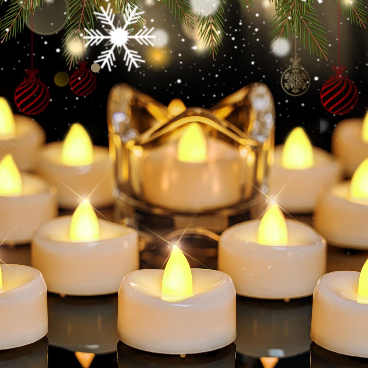 Merrynights LED Tea Lights, 24-Pack Battery Operated, Long-Lasting 200 Hour Flameless Candles, Flickering for Halloween & Fall, Warm Yellow, 1.5'' D x 1.25'' H