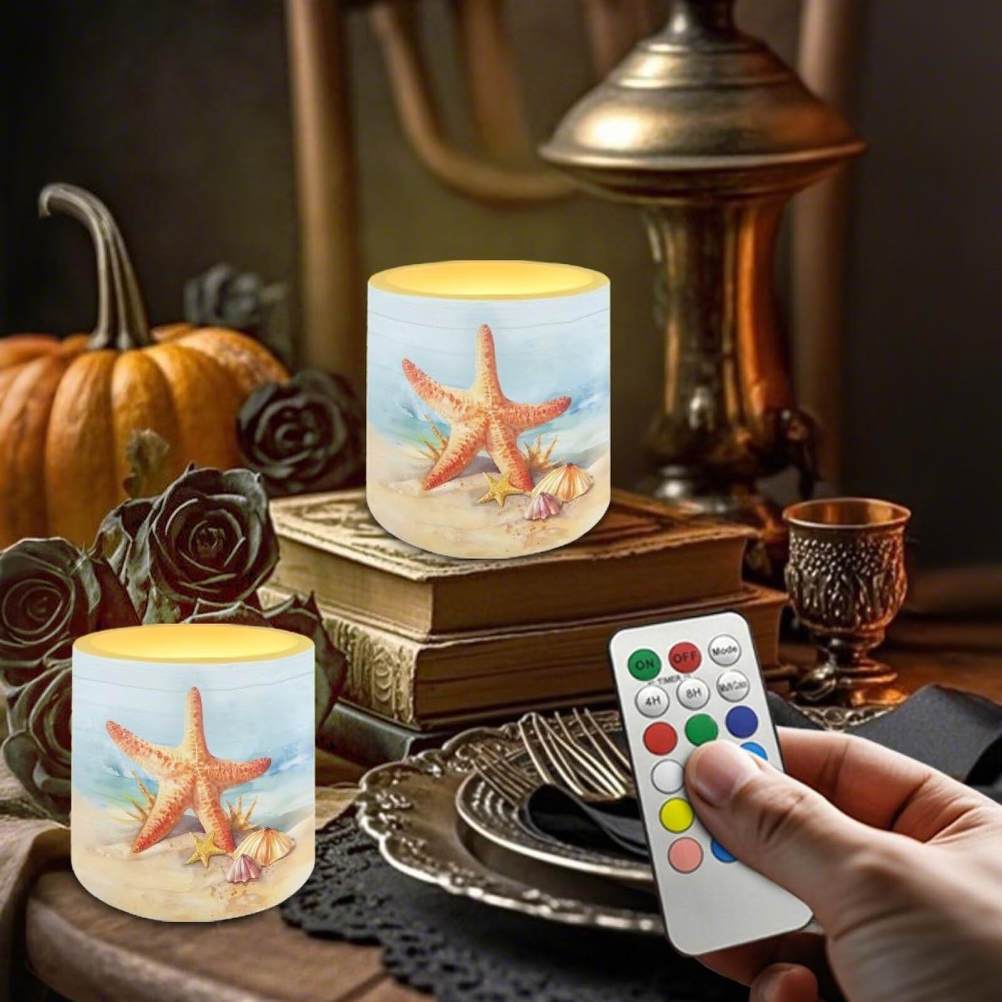 NETILGEN Beach Starfish Print 4 Pieces Flameless Candles with Remote Timer with Battery Operated 3 inch Realistic Flickering Flameless LED Candles Beach Party Decor