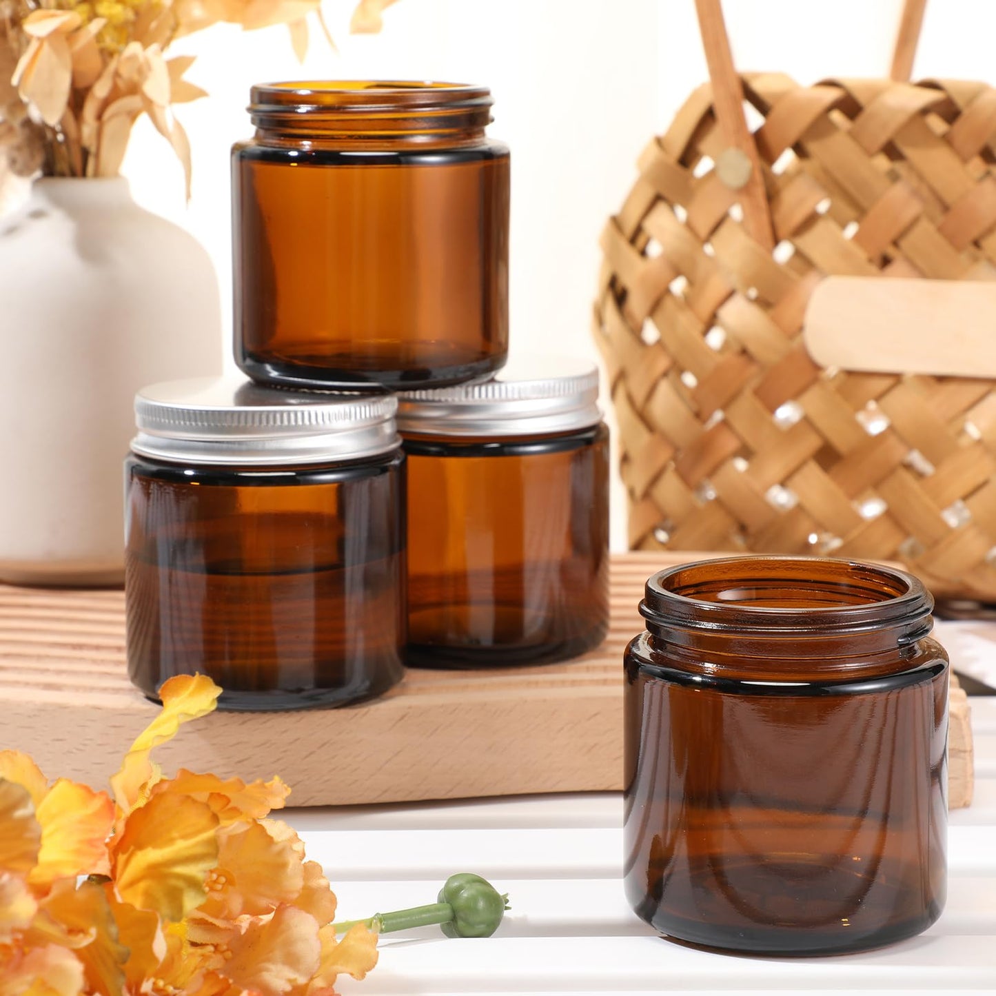 Zhehao 24 Pcs Glass Candle Jars with Lids Bulk, Round Empty Candle Container Tins, Dishwasher Safe and Leakproof DIY Crafts(Amber,Silver,4 oz)