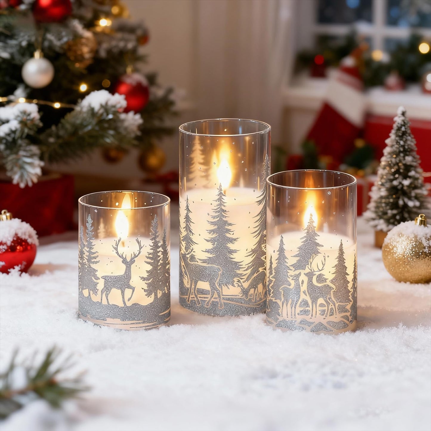 KunSwenn Christmas Flameless Candles with Silver Reindeer Decals, 3 Pack LED Glass Battery Operated Candles with Remote Timer, Pillar Candles with Deer and Tree Pattern for Christmas Winter Decor