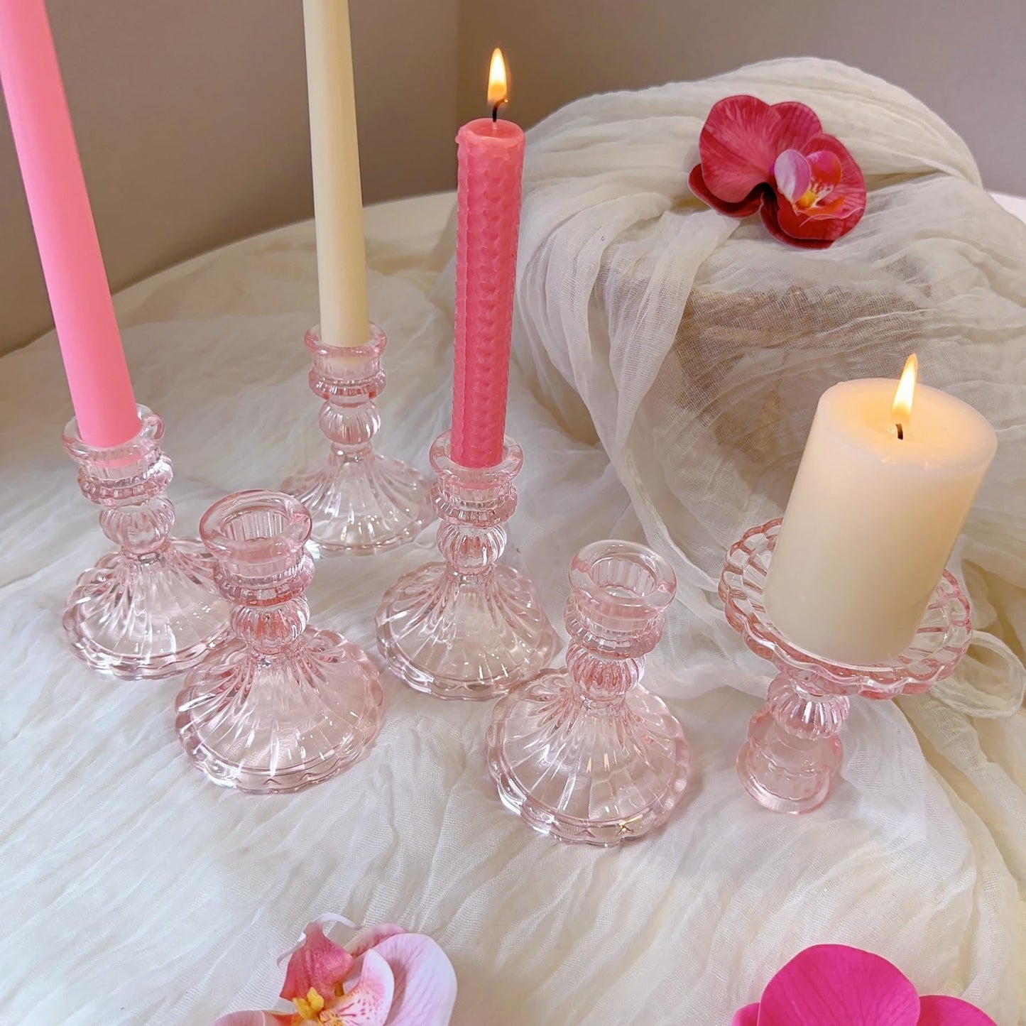 ECHFSM Glass Candlestick Holder,Striped Taper Candle Holders,Set of 6 Candle Stand for Table Centerpieces, Home Decor,Weddings,Festival and Parties (Light Pink Stripe)
