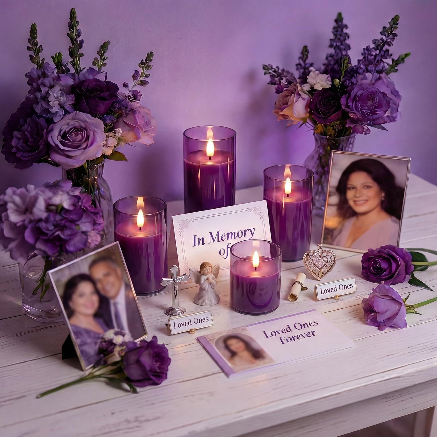 Homemory Purple Glass Flameless Candles, Battery Operated LED Pillar Candles with Remote Control and Timer, Radiance Candles, Real Wax, Set of 3,D3 xH4 5" 6"