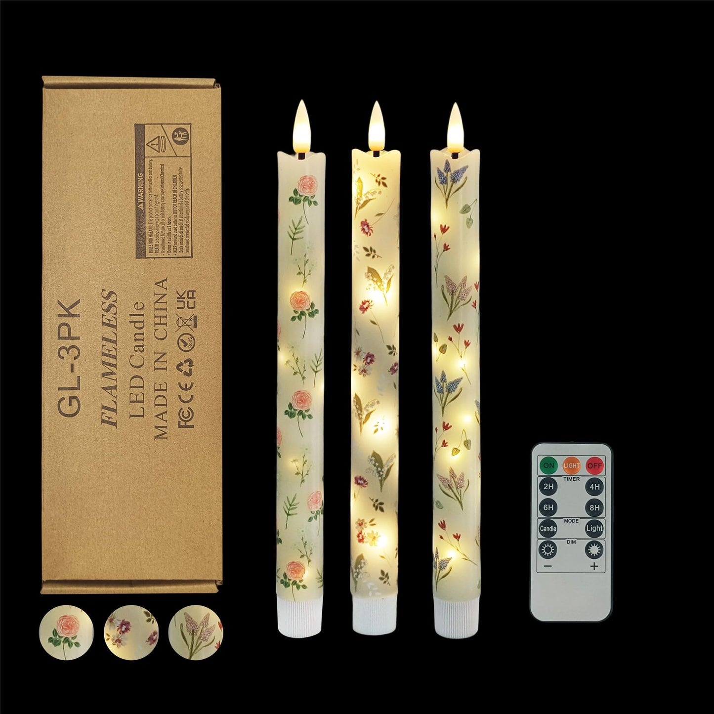 Gedengni Floral Candles Remote Candlesticks-10inches Timer Flickering Battery Operated Candle Chinoiserie LED Taper Candles Lights for Home Wedding Tea Party Windows Decor,3PCS-RFL