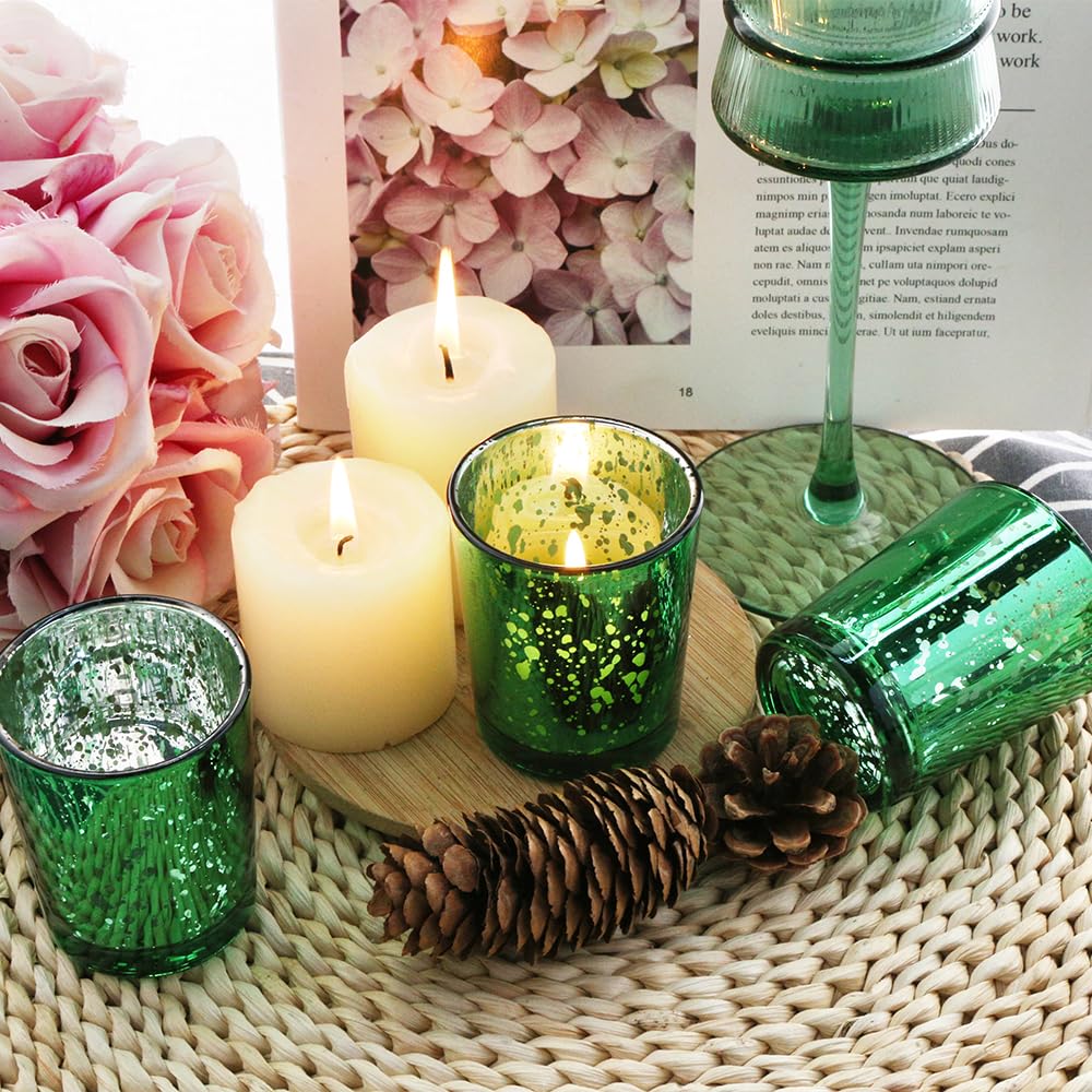 BTGLLAS Green Mercury Glass Tea Light Holders Set of 36 - Elegant Votive Candle Holders for Weddings, Showers and Home Decor - Perfect for Table Centerpieces and Parties (Glass, Green)