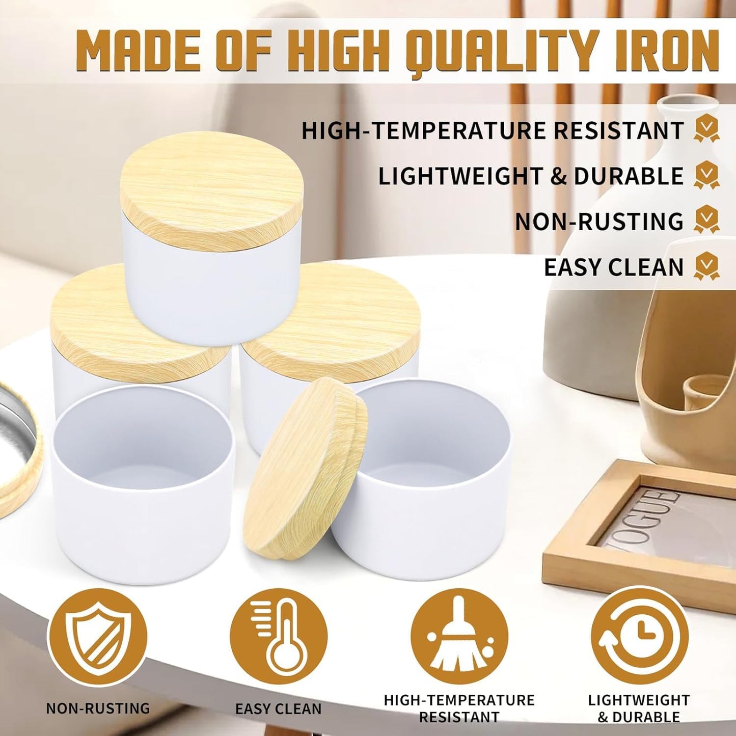 YJHSS 24-Pack 8oz Candle Tins with Wood-Grain Printing Lids, Metal Candle Jars for Candle Making, Empty Containers Vessels Bulk for Small Business & Beginners DIY Storage -Wood White