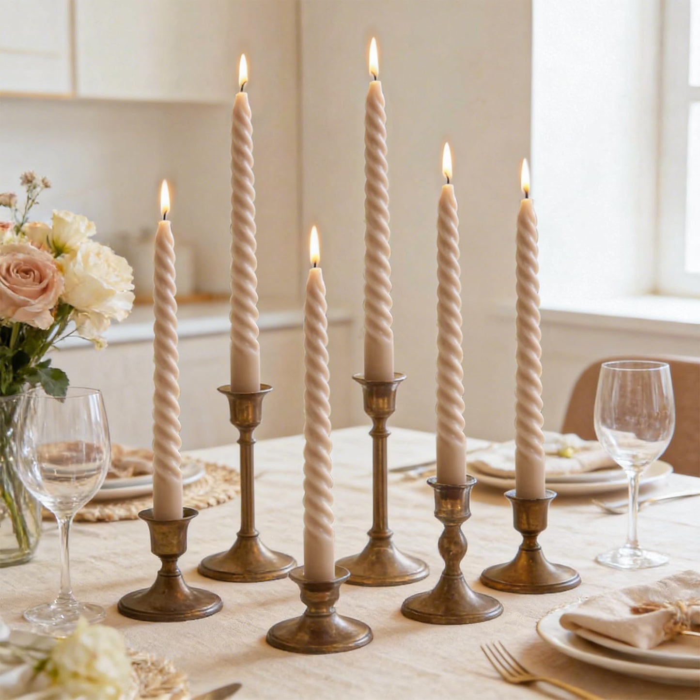 Whaline 8 Pcs 10 Inch Sahara Beige Spiral Taper Candles Dripless Twisted Wax Candles Long Unscented Candlesticks for Wedding Holiday Celebration Home Party Dining Table Supplies