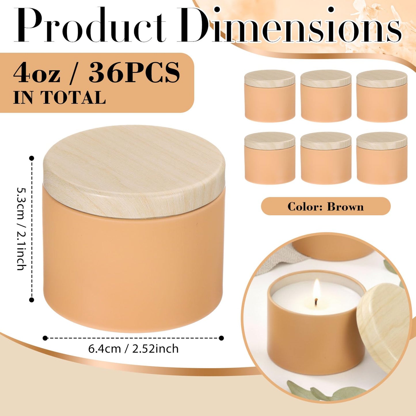 Honeydak 36 Pcs 4oz Brown Candle Jars Bulk Candle Tins Small Empty Containers with Metal Wood Grain Printing Lids for Making DIY Jars Storage Wedding Gifts