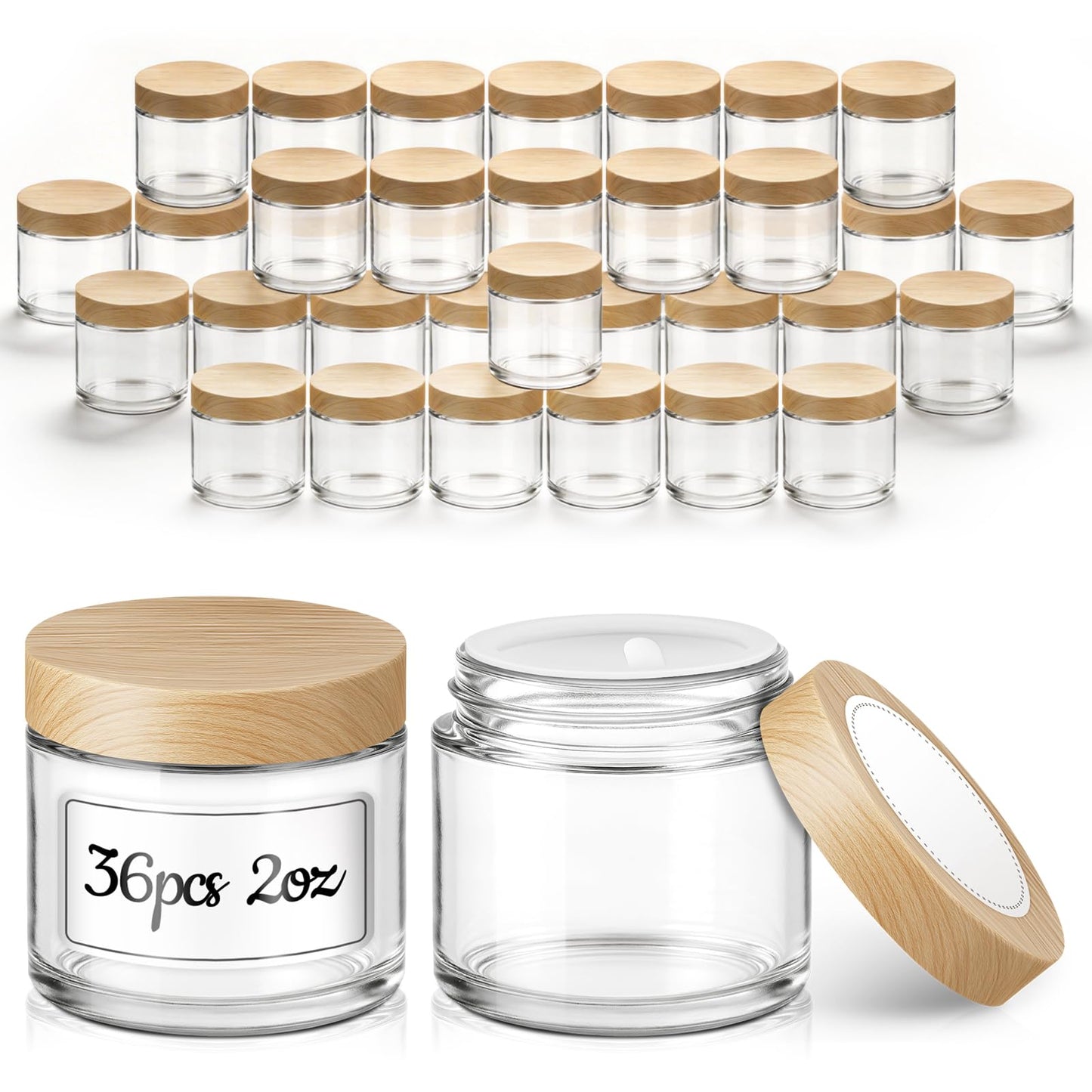 2 oz Glass Jars with Lids, 36 Pack Clear Small Glass Jars with Woodgrain Lids Leakproof Round Airtight Empty Cosmetic Travel Containers with Inner Liners for Lotions Powders and Candle Making