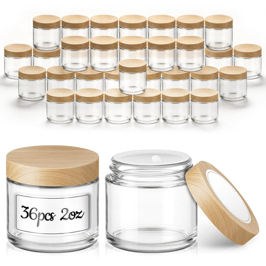 2 oz Glass Jars with Lids, 36 Pack Clear Small Glass Jars with Woodgrain Lids Leakproof Round Airtight Empty Cosmetic Travel Containers with Inner Liners for Lotions Powders and Candle Making