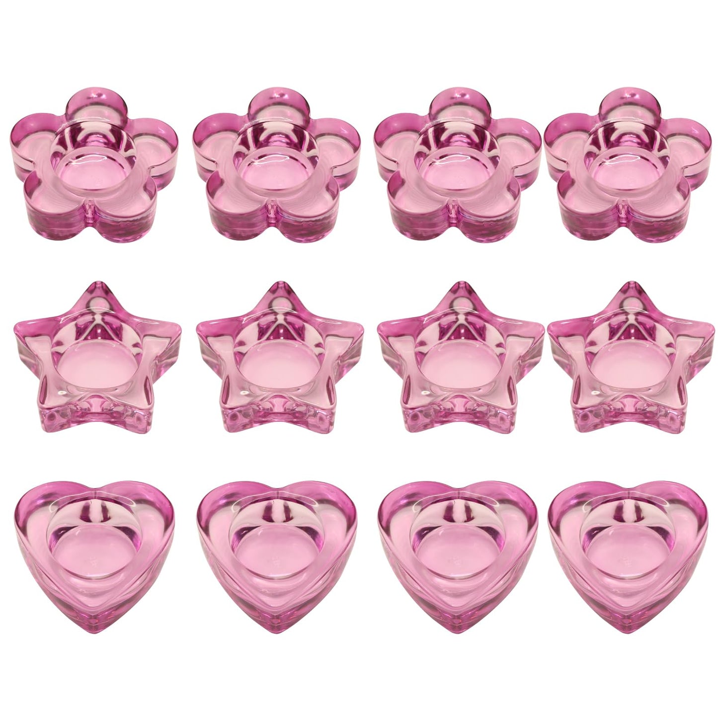 Pink Votive Candle Holders Set of 12 for Table Centerpiece(3 Sizes,Heart/Flower/Star) Tealight Candle Holders Bulk for Birthday Party,Wedding Dinning,Home Decor, Valentines Christmas Decoration(Pink)
