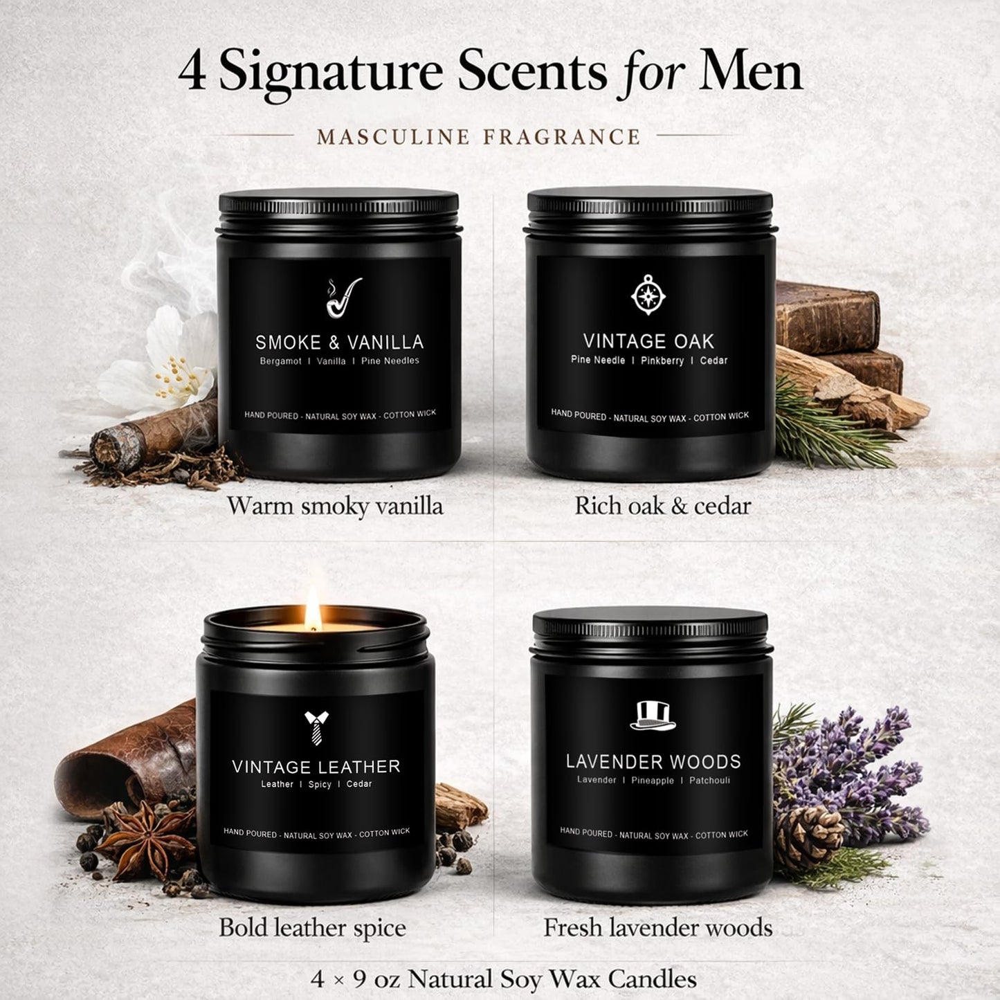 Candles for Men Gift Set, 4 Pack Masculine Scented Soy Candles for Men, Leather, Smoke, Oak & Lavender Scents, Aromatherapy Candle Gift Set for Dad, Husband, Boyfriend, Birthday & Father’s Day