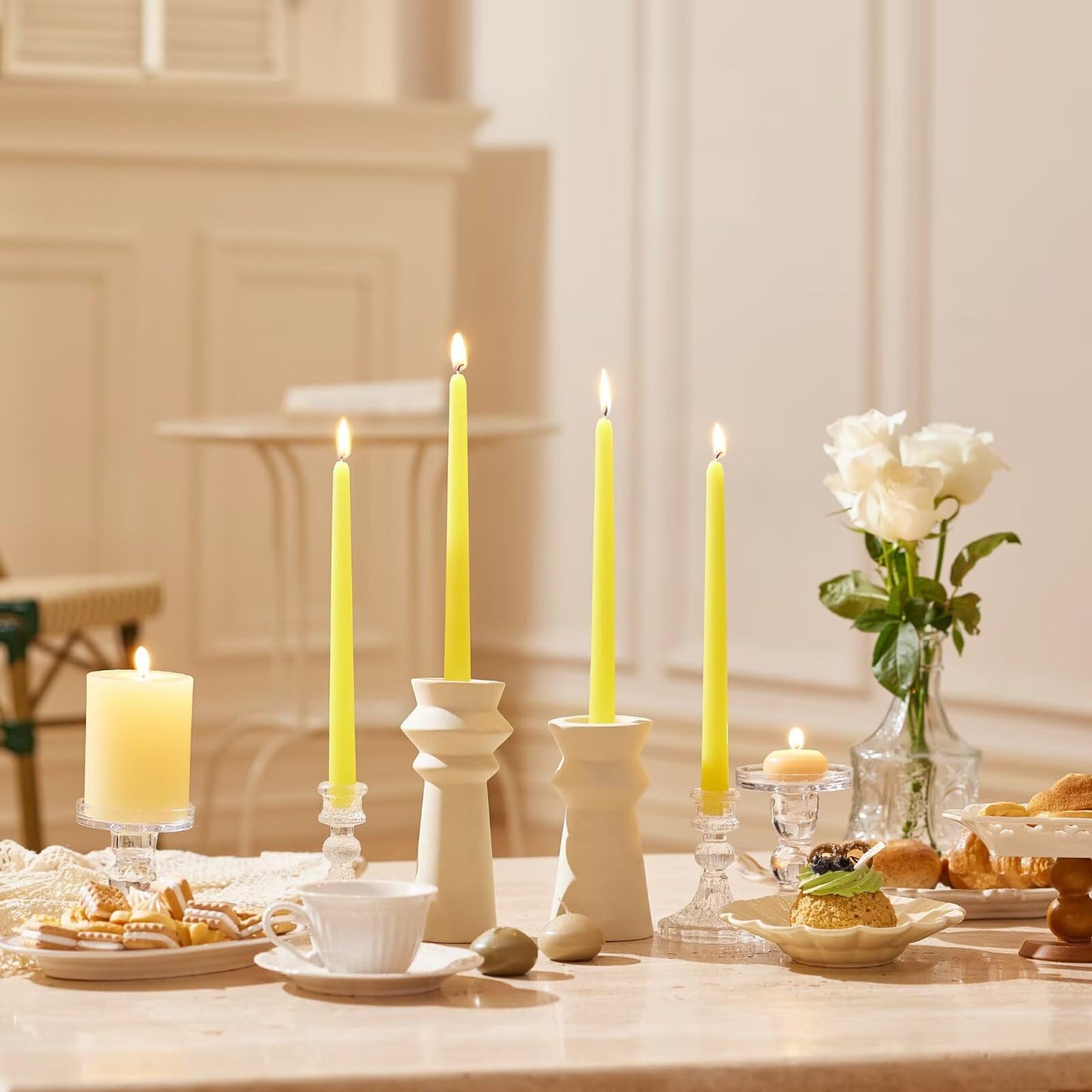 Pickood 12-Inch Tall Dripless Taper Candles Set of 4 - Yellow Tapered Candles, Perfect for Spring - Smokeless, Unscented, Long Burning - Hand Poured, Colored Tall Candlesticks - Light Yellow