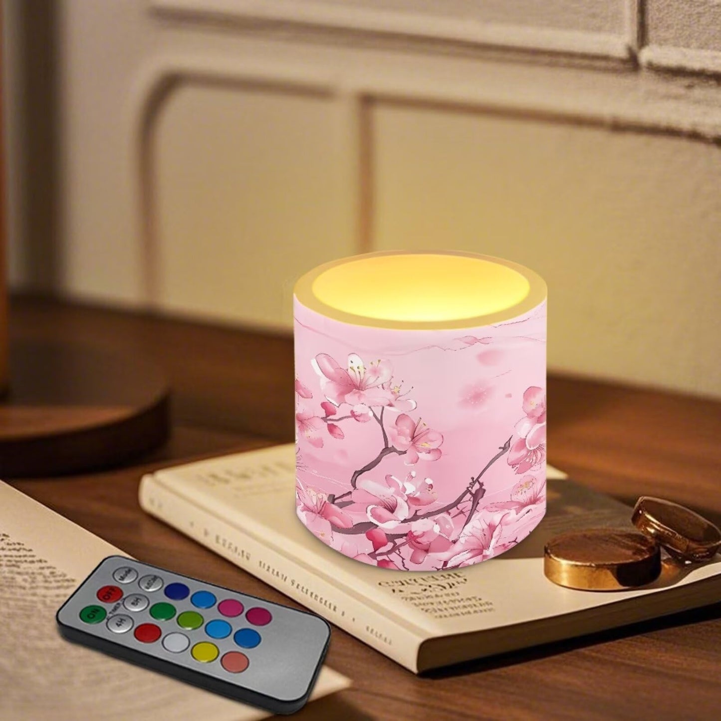 NETILGEN 3 inch Decorative Flameless LED Candles with Remote Control Timer Set of 4 Battery Operated Candles Pink Plum Blossom for Wedding Party Decor