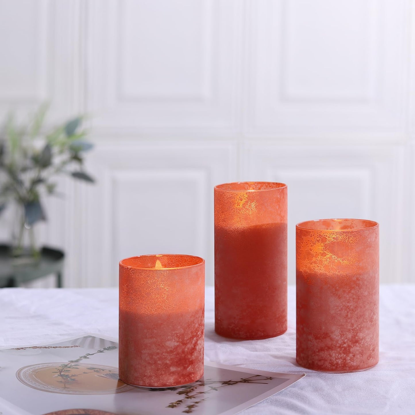 Flickering Flameless Candles - Sandblast Glass Battery Operated with Remote and 2/4/6/8 H Timer, Set of 3 LED Pillar Candles (D3"xH 4"5"6")with Realistic Wax Candles for Home Decor (Sandblast Orange)