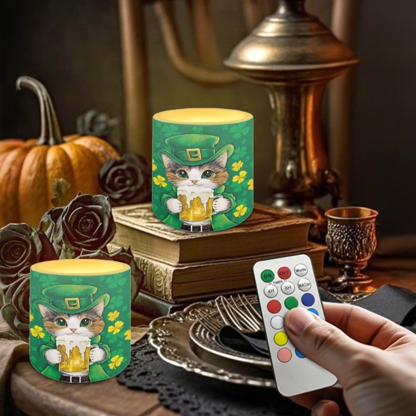 Merkmak St Patrick's Day Flameless Candles with Remote Battery Operated LED Pillar Candles with Timers Tea Lights for Party Home Living Room Decor, Cat Shamrocks Print