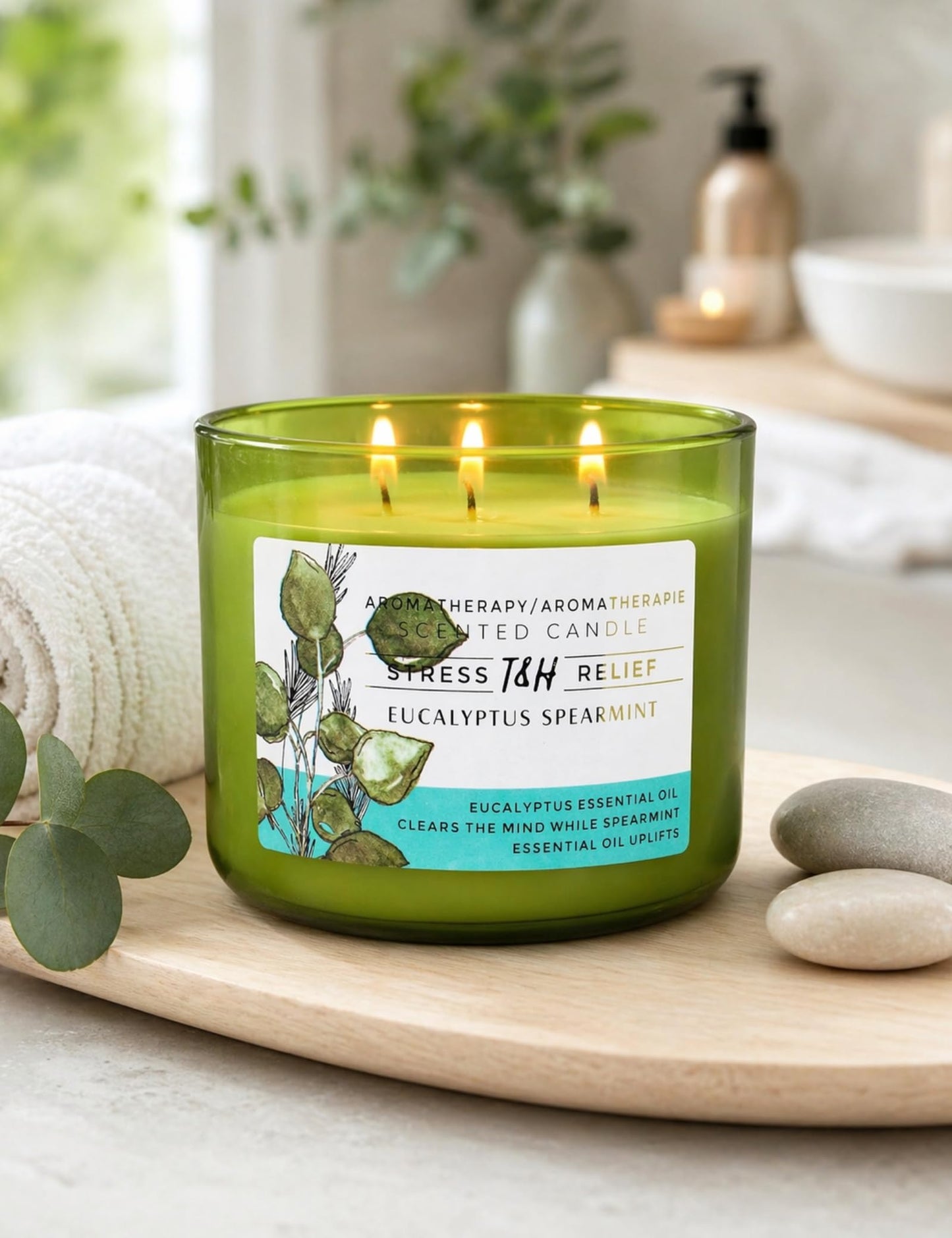 Eucalyptus Spearmint Scented Candle | 15.8 oz Large 3 Wick Soy Candle | Soothing Aromatherapy Candle for Home | Fresh Mint Spa Scent | Long Lasting Clean Burn | Relaxation & Yoga Gift for Women & Men