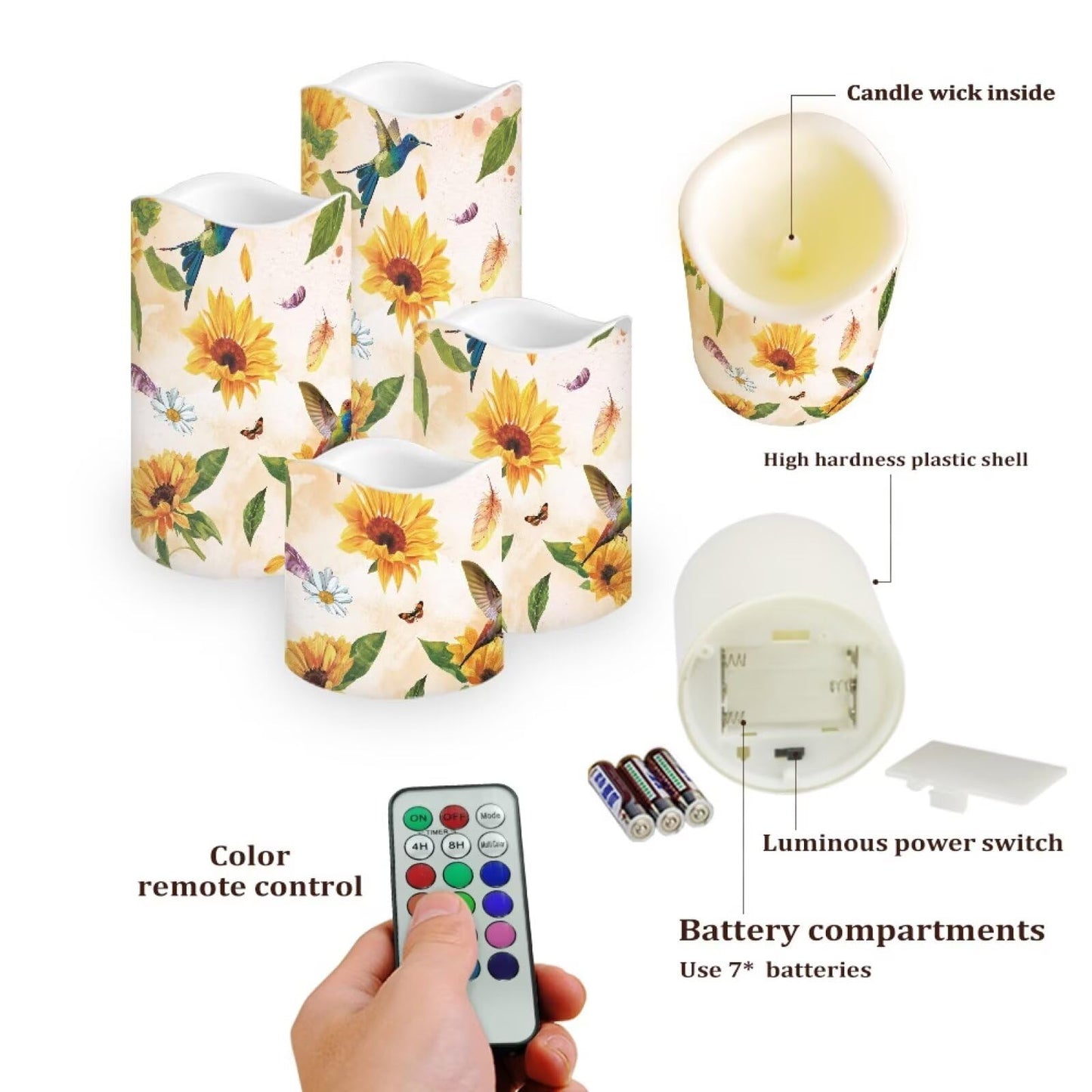Ystardream Sunflower Hummingbird Flameless Candles with Timer Led Candles Flickering 4 Candle Sets for Home Decor,18 Key Remote Control，Dancing Flame, True Wax, Battery Powered.