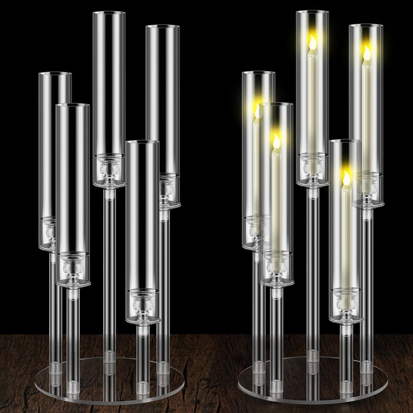 Dandat 2 Pack 5 Arms Acrylic Candelabra Candle Holder Clear Candelabra Centerpieces for Wedding, Crystal Candlesticks Pillar Taper Candlesticks for Living Room Dinner Table Decoration Fit LED Candle