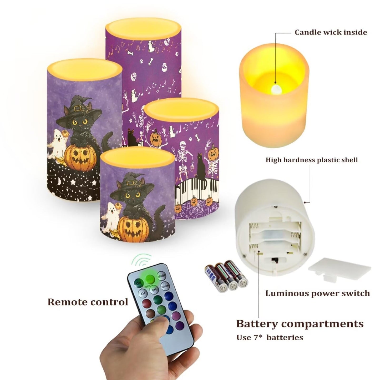 Merkmak Set of 4 Halloween Flickering Flameless Candles Battery Operated with Remote and Timers Pumpkin Black Cat LED Pillar Candles Bulk for Home Trick or Treat Party Decoration