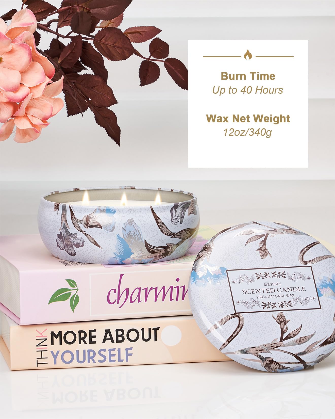 M&SENSE Happy Gardenia Scented Candles 12 oz,Large 3 Wick Soy Tin Candle, Over 40 Hour Burning Time, 100% Natural Vegan Wax Relaxing Aromatherapy Aesthetic Candle Gift for Women Men