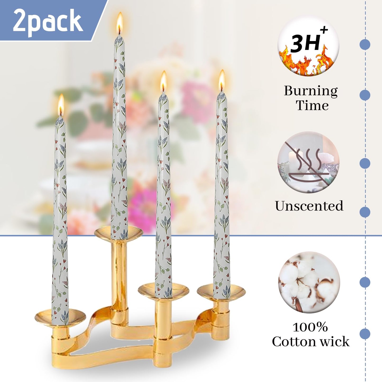 Spring Floral Candle Sticks 10 Inch Long Taper Candle Hyacinth Printed Tapered Candlesticks for Home Wedding Holiday Party Decor Set of 2