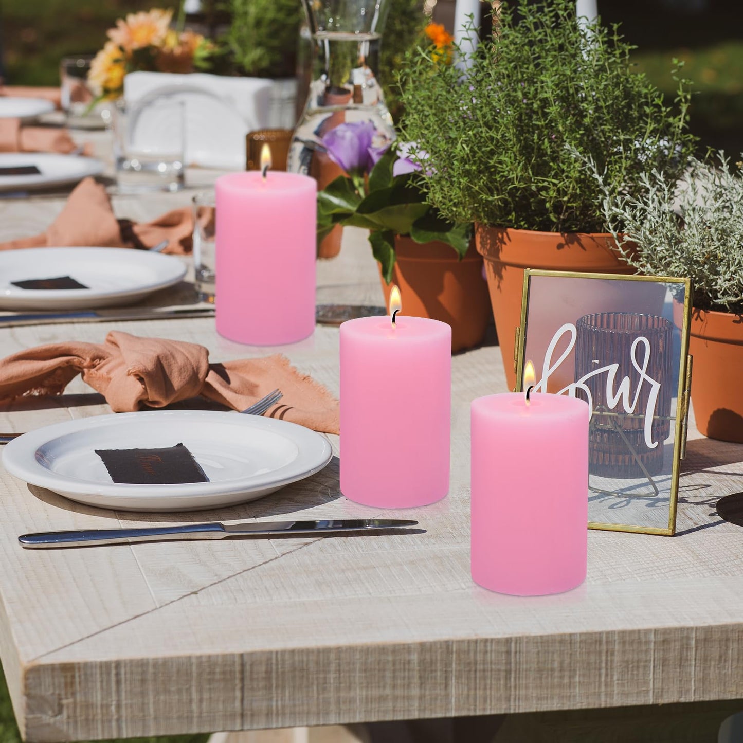 2.75“ x 4” Hand Poured Unscented Pink Candles, Dripless Pillar Candles Set of 6, Long Burning, Clean and Neat, Burn Time Approx. 90 Hours, Rustic, Weddings, Dinner Parties, Christmas, and Home Décor
