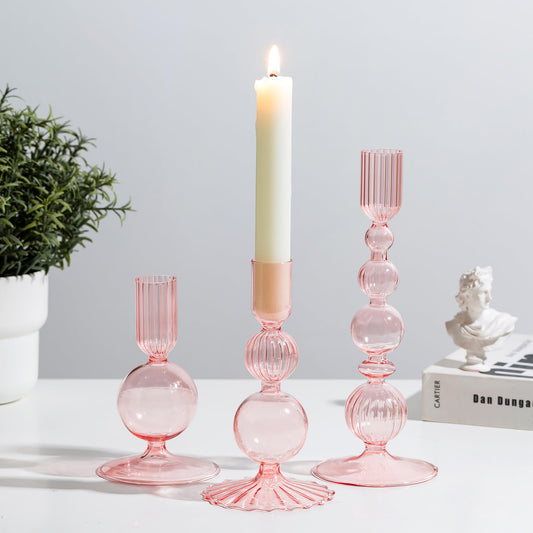 Glasseam Pink Glass Candlestick Holder: Unique Candle Holders Set of 3 Modern Taper Candle Holder Decorative for Table Centerpiece Party Christmas Home Wedding Decoration