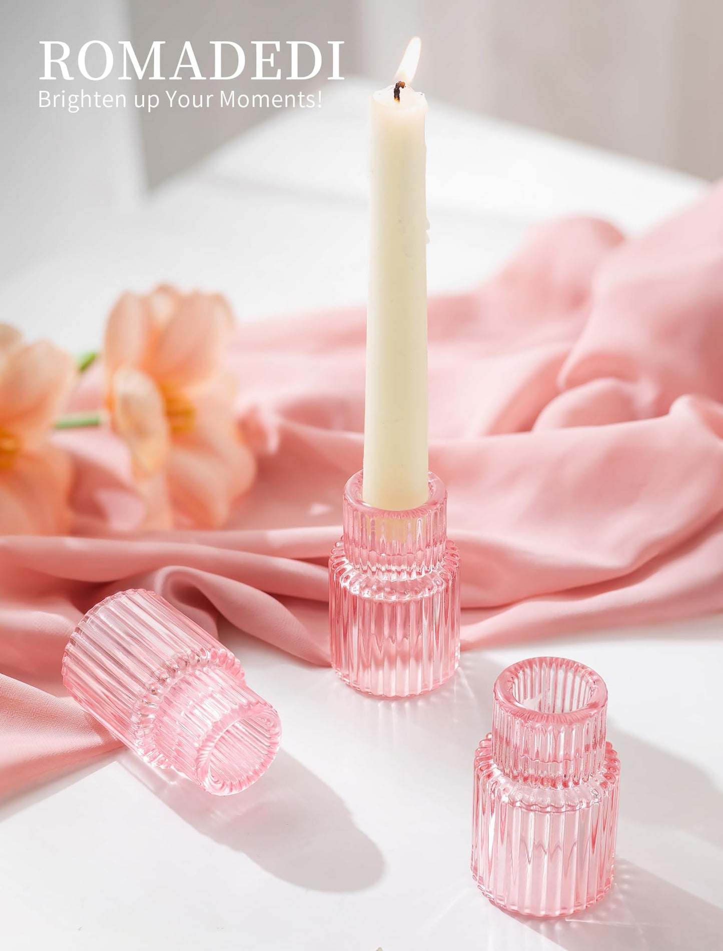 Romadedi Pink Glass Candle Holders - 10 Pcs Ribbed Candlestick Holder Bulk for Table Centerpiece Elegant Taper Holder for Wedding Birthday Party Baby Showers Valentines Mother's Day Christmas