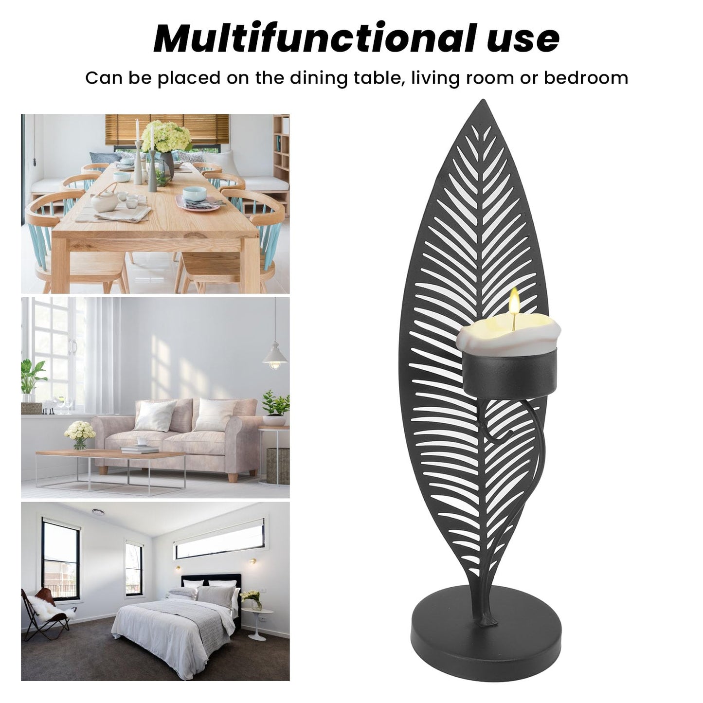 Iron Leaf Candle Holder, Minimalist Wrought Iron Candlestick Stand, Unique Leaf Shape Metal Candle Holder with Nordic Design for Dining Room Home Decor (Black)