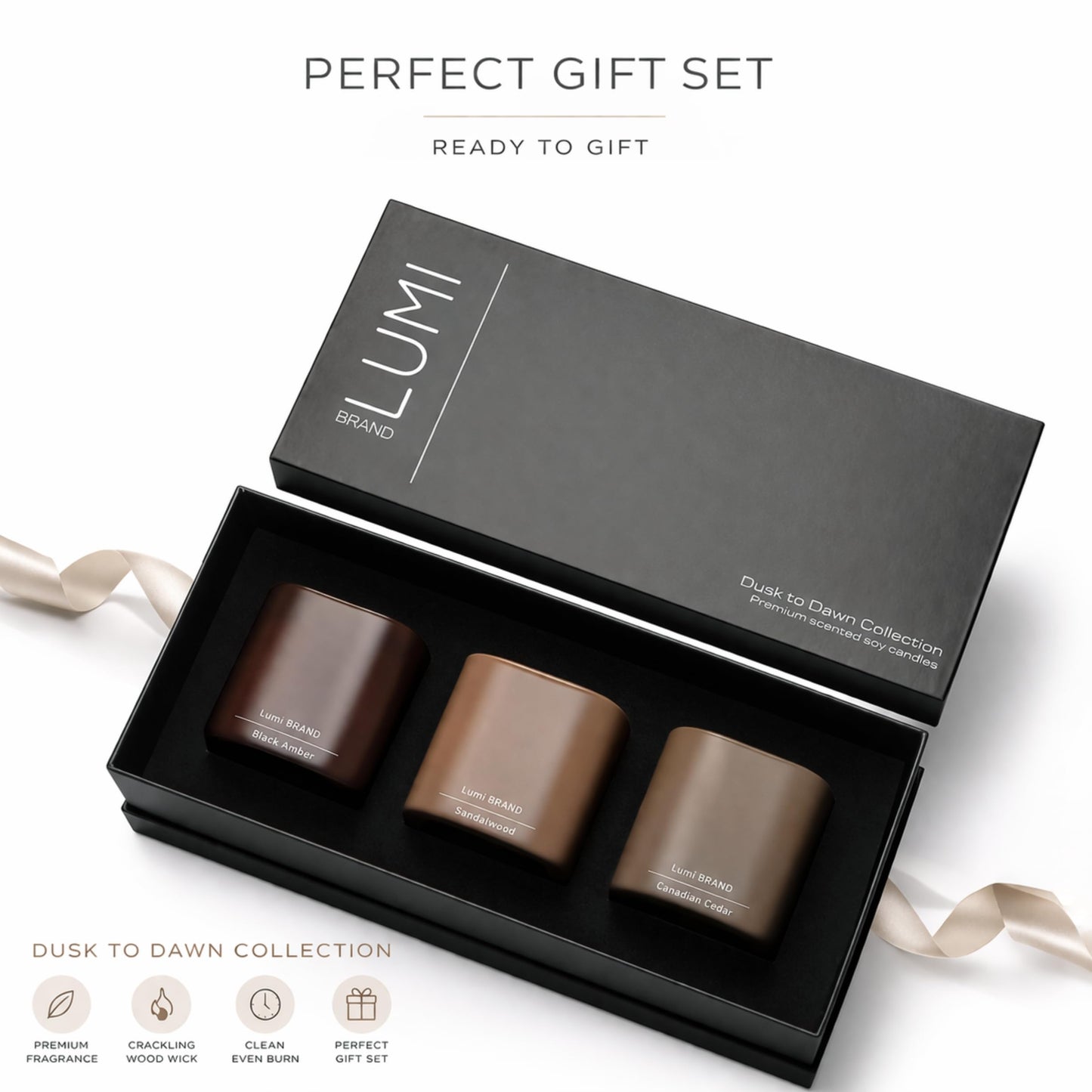 Set of 3 Premium Scented Soy Candles Gift Set | Dusk to Dawn Collection - Canadian Cedar, Black Amber & Sandalwood | Crackling Wood Wick | Luxury Candles for Relaxation, Home Décor, Gifts | 9.8oz Each