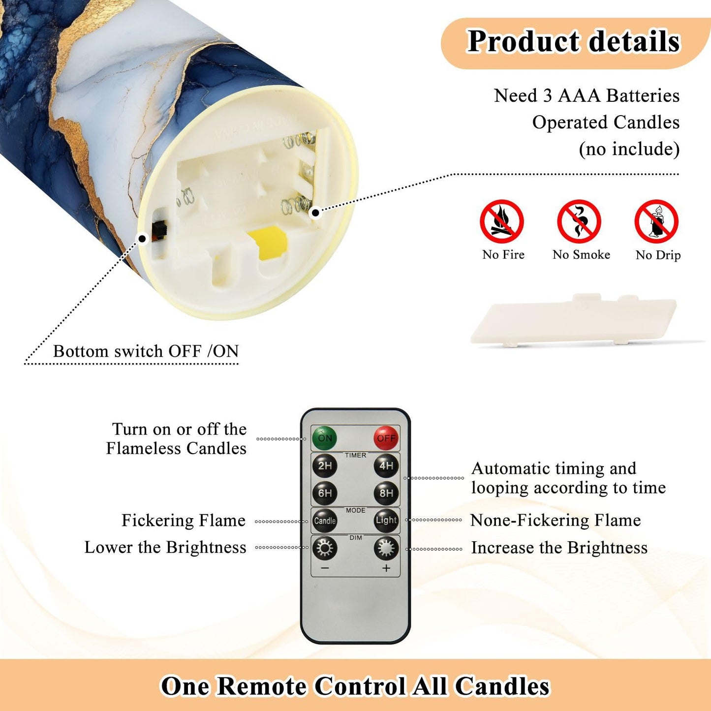 famyily Pillar Flameless Candles Set of 2 Battery Operated Candles for Living Room 5.9x3in - Marble White Navy Blue
