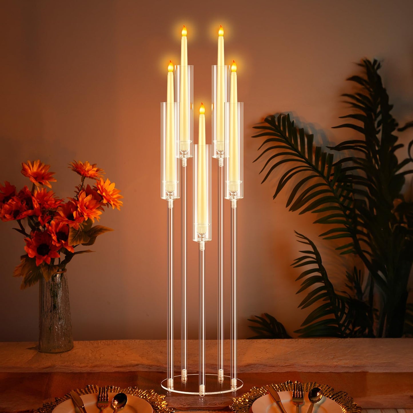 Barydat 4 Pcs Acrylic Candelabra Centerpieces Clear Taper Candle Candlestick Holder Crystal 5 Arm Candlesticks Holder with Acrylic Shade Pillar Fit 0.87" LED Candle for Wedding Dinner Party (Clear)