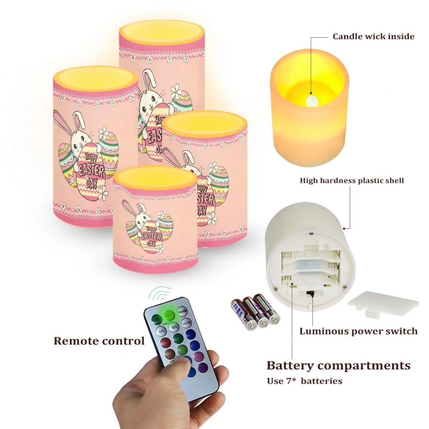 NETILGEN Happy Easter Day Decor Flameless Candles Electric Candle Set of 4 Easter Cute Bunny Print Flickering Candles with Timer Remote for Indoor Outdoor Holiday Decoration