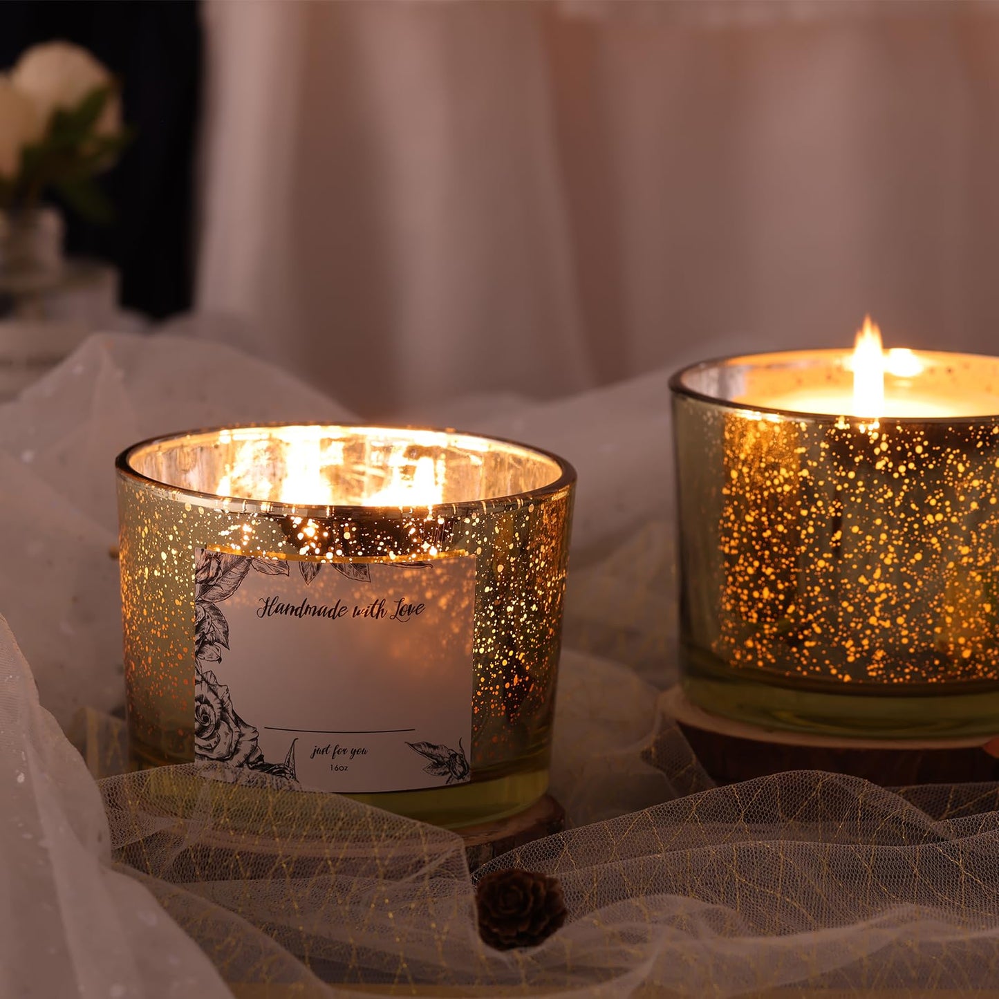 Simeitol 16 OZ Gold Candle Jars for Making Candles 6 Pcs, Glass Candle Jar with Airtight Bamboo Lids - Empty Candle Jars Bulk with Sticky Warning Labels - for Home, Wedding, Christmas Decoration