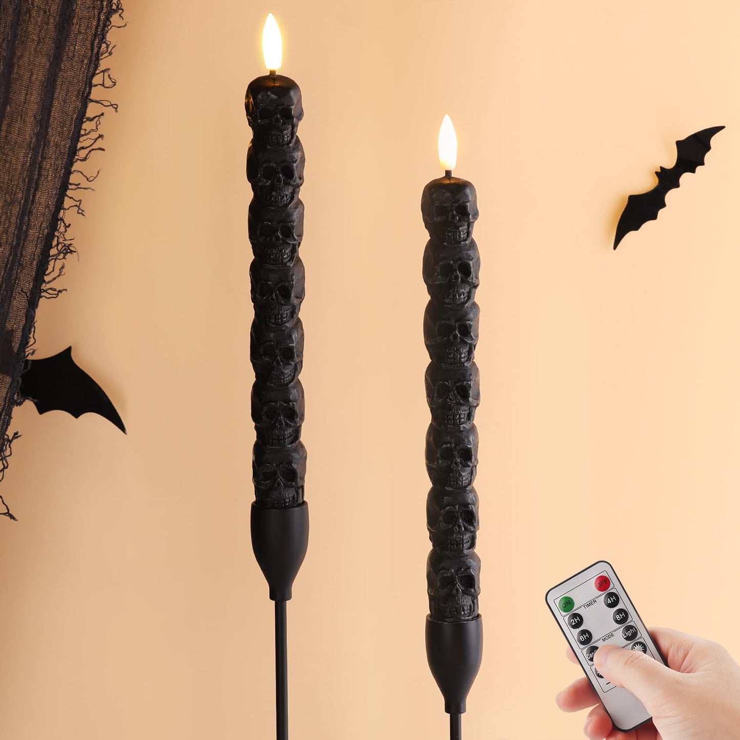 Eywamage Halloween Flameless Taper Candles with Remote, Spooky Black Skull LED Candlesticks Battery Operated Flickering Real Wax Set of 2