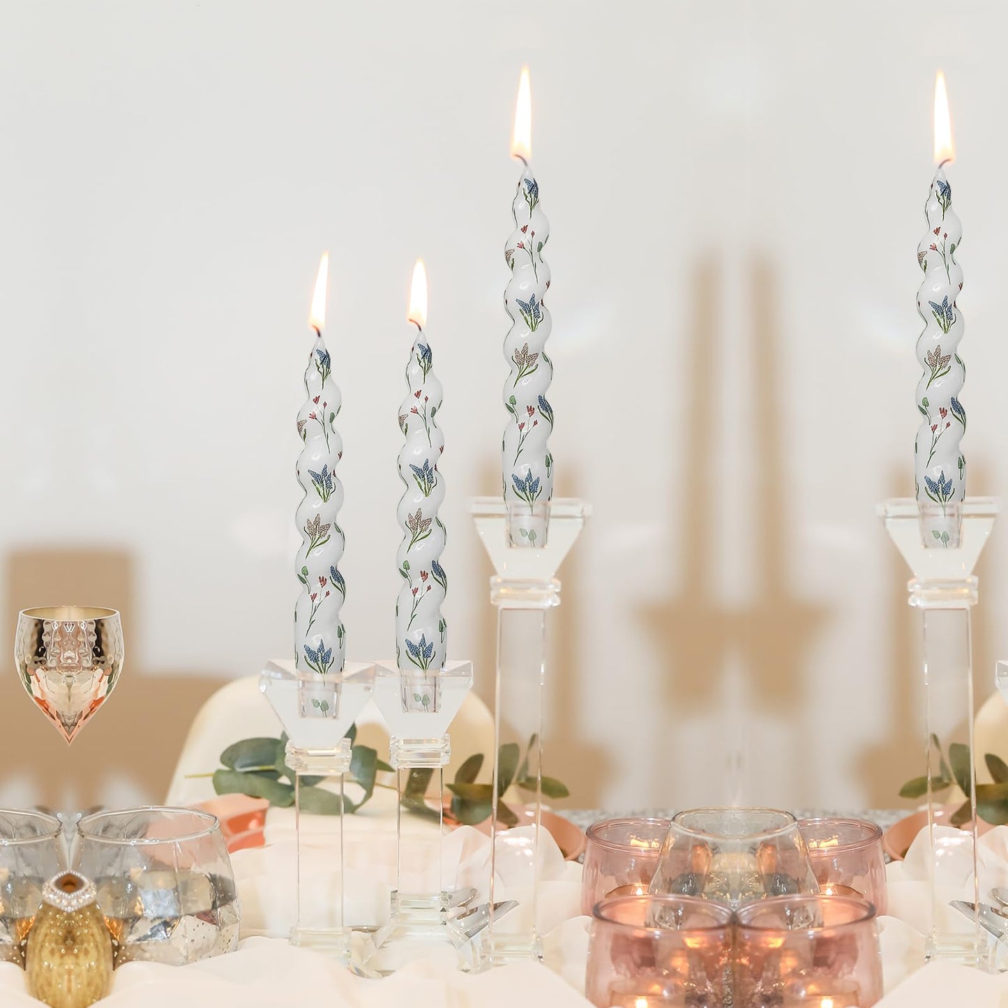 Printed Taper Candle Hyacinth Floral Spiral Candle Sticks 7.5 Inch Short Candlestick Handmade Twisted Candles for Home Wedding Holiday Decor Gifts Set of 4