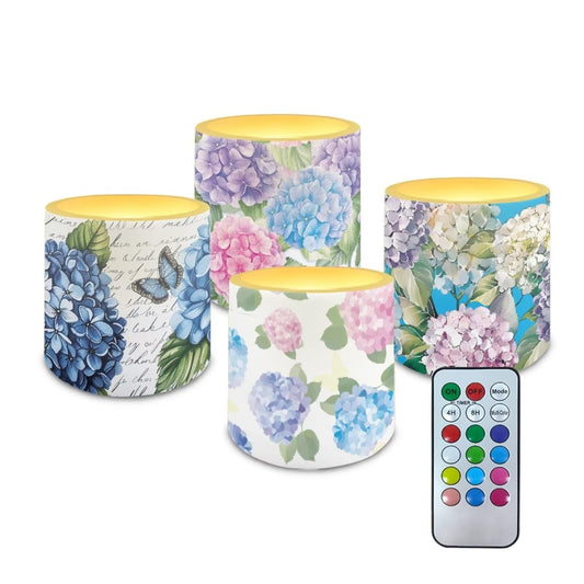 NETILGEN Colorful Hydrangea Flowers 3 inch Flickering Color Changing LED Candles Set of 4 Flameless Eletric Pillar Candles with Remote Timer Control Home Decor