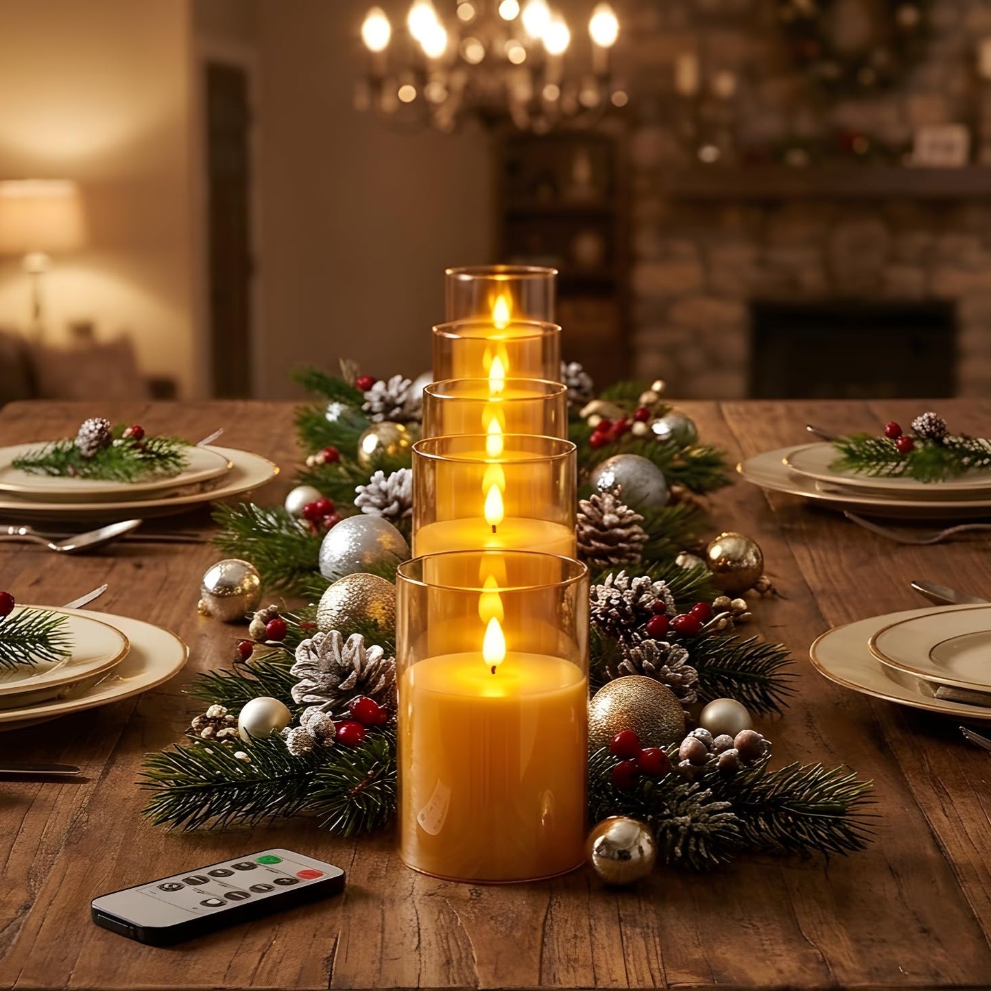 NICEME Amber Flickering Flameless Candles Battery Operated Acrylic LED Pillar Candles with Remote Control and Timer Flameless Halloween Candles for Thanksgiving Christmas New Year Home Decor, Set of 5