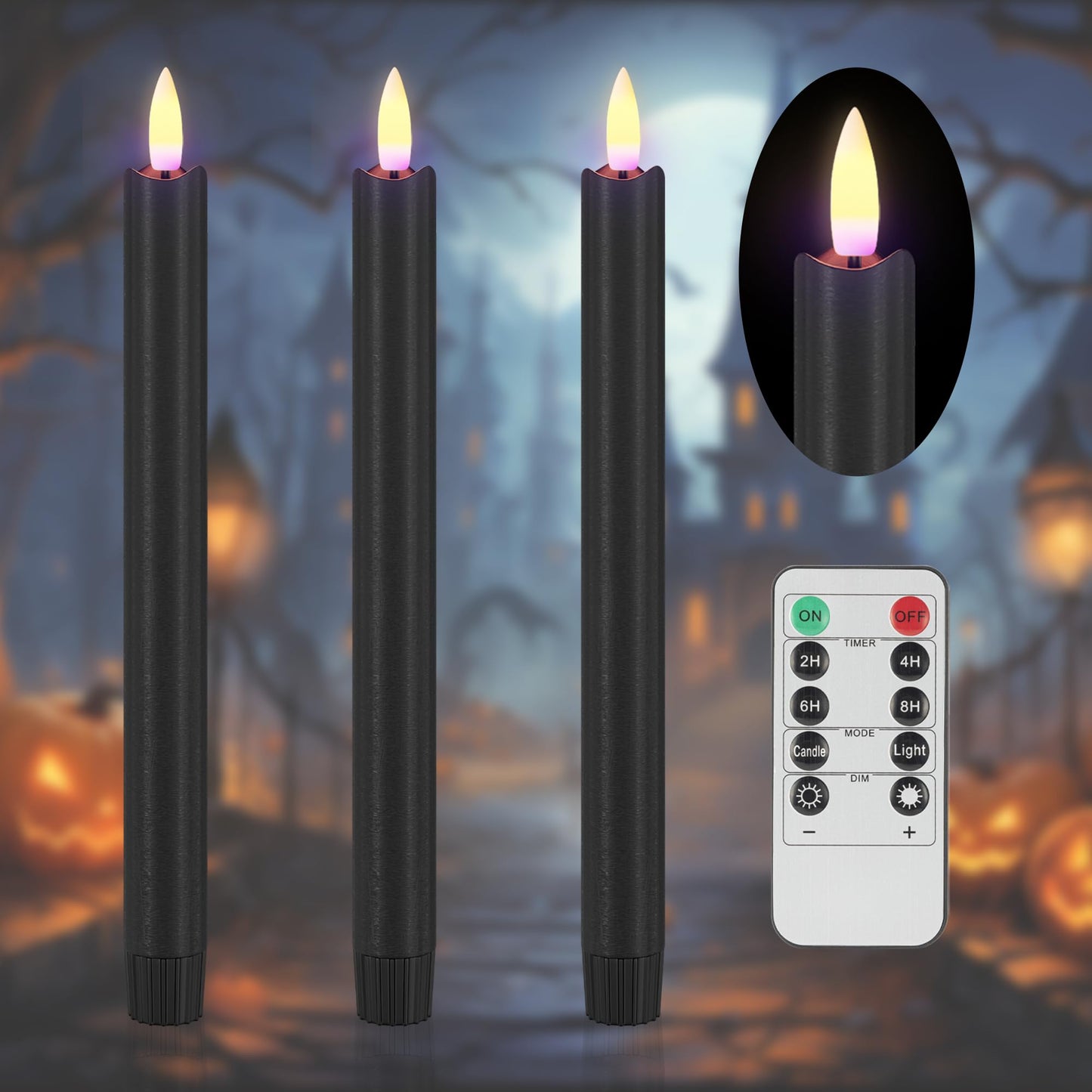 SHENSY Black Flameless Taper Candles, Set of 3 – 9.64" LED Candlesticks with 3D Flickering Flame, Real Wax Battery Candles with Remote and Timer – Elegant Halloween Window and Table Decor