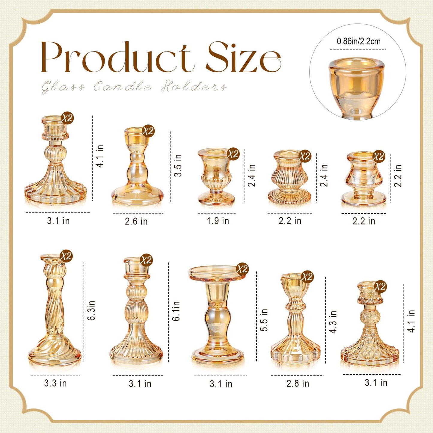Mumufy 10 Pcs Glass Crystal Taper Candle Holders Clear Glass Candlestick Holder Fit 0.8 Inch Candles Crystal Decorative Candle Stand Centerpiece Table Wedding Dining Party (Classic,Gold)