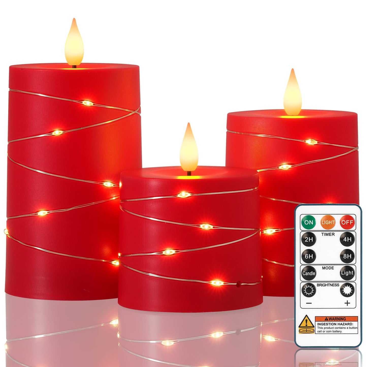 Raycare Independence Day Flameless Candles with Remote Timer, Flickering Battery Operated LED Pillar Fake Candle with String Lights for 4th of July Patriotic Home Decor, Wedding Gift, Red, Set of 3